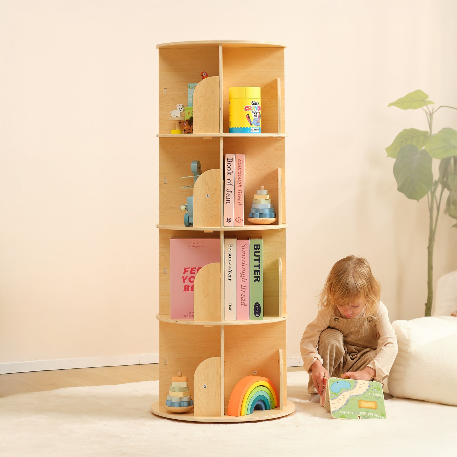 OOOK Plywood Wood Rotating Bookshelf for Kids, Spinning Bookshelf Tower