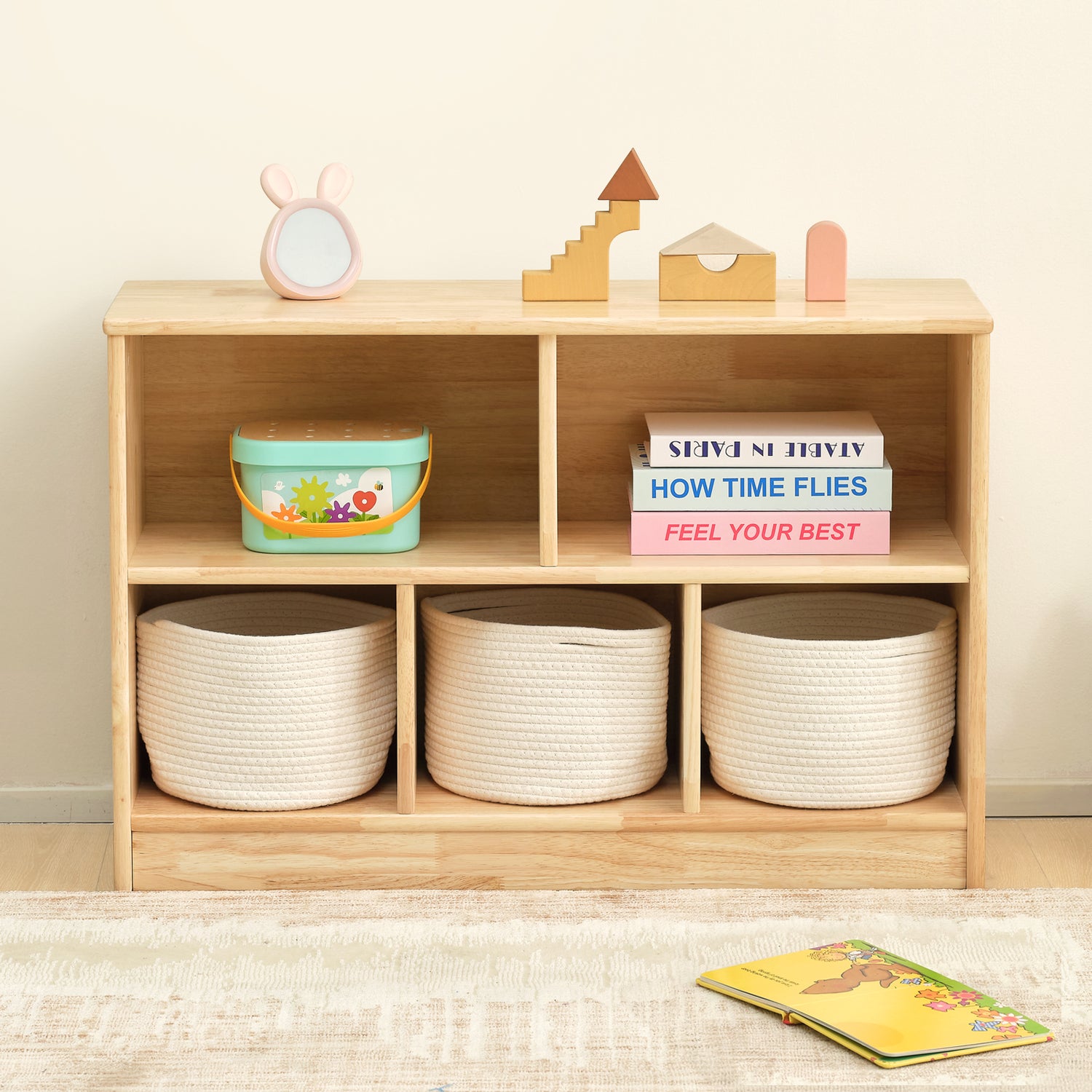 Rubber Wood 5-Compartment Montessori Shelf