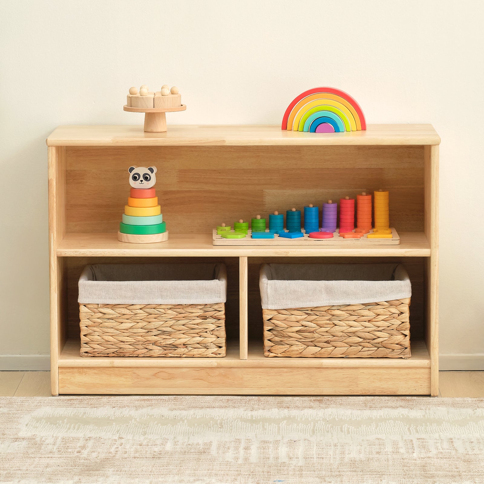 Rubber Wood 3-Compartment Montessori Shelf