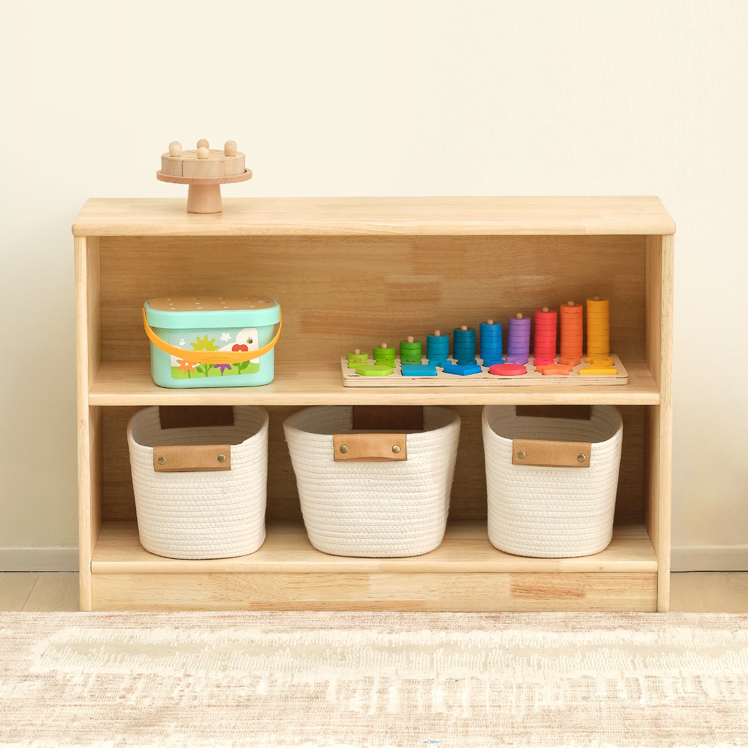 Rubber Wood 2-Compartment Montessori Shelf