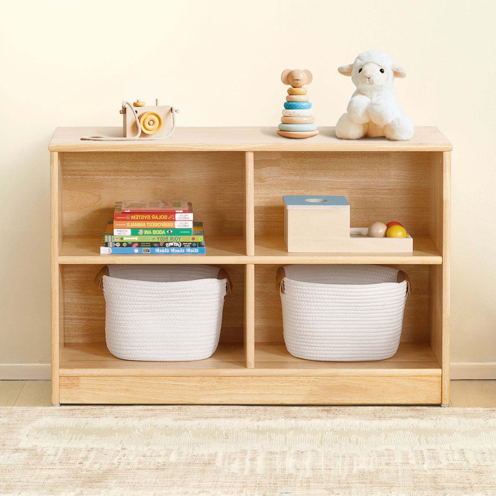 Rubber Wood 4-Compartment Montessori Shelf