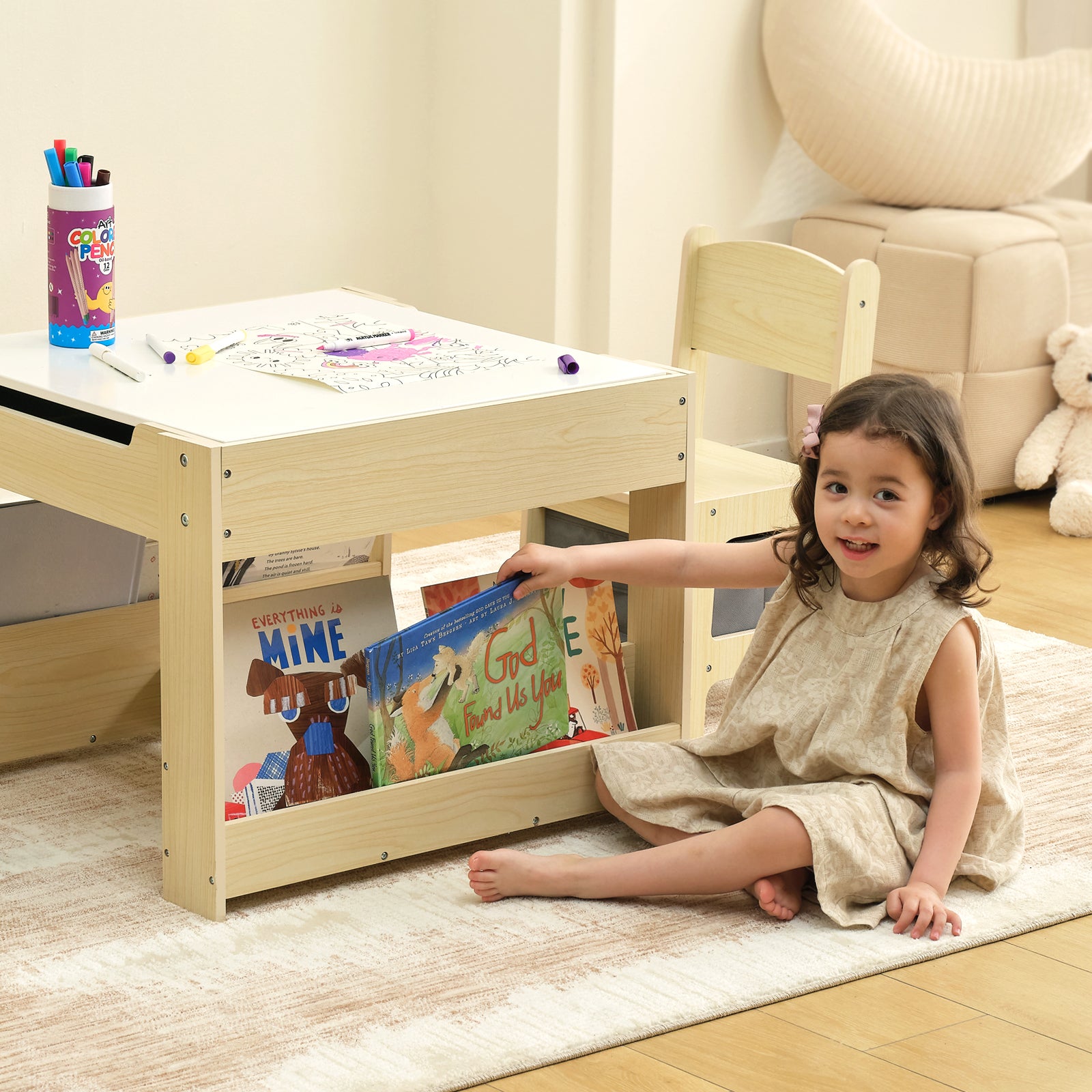 OOOK Wood 4 in 1 Toddler Desk and Chair Set, Art table set