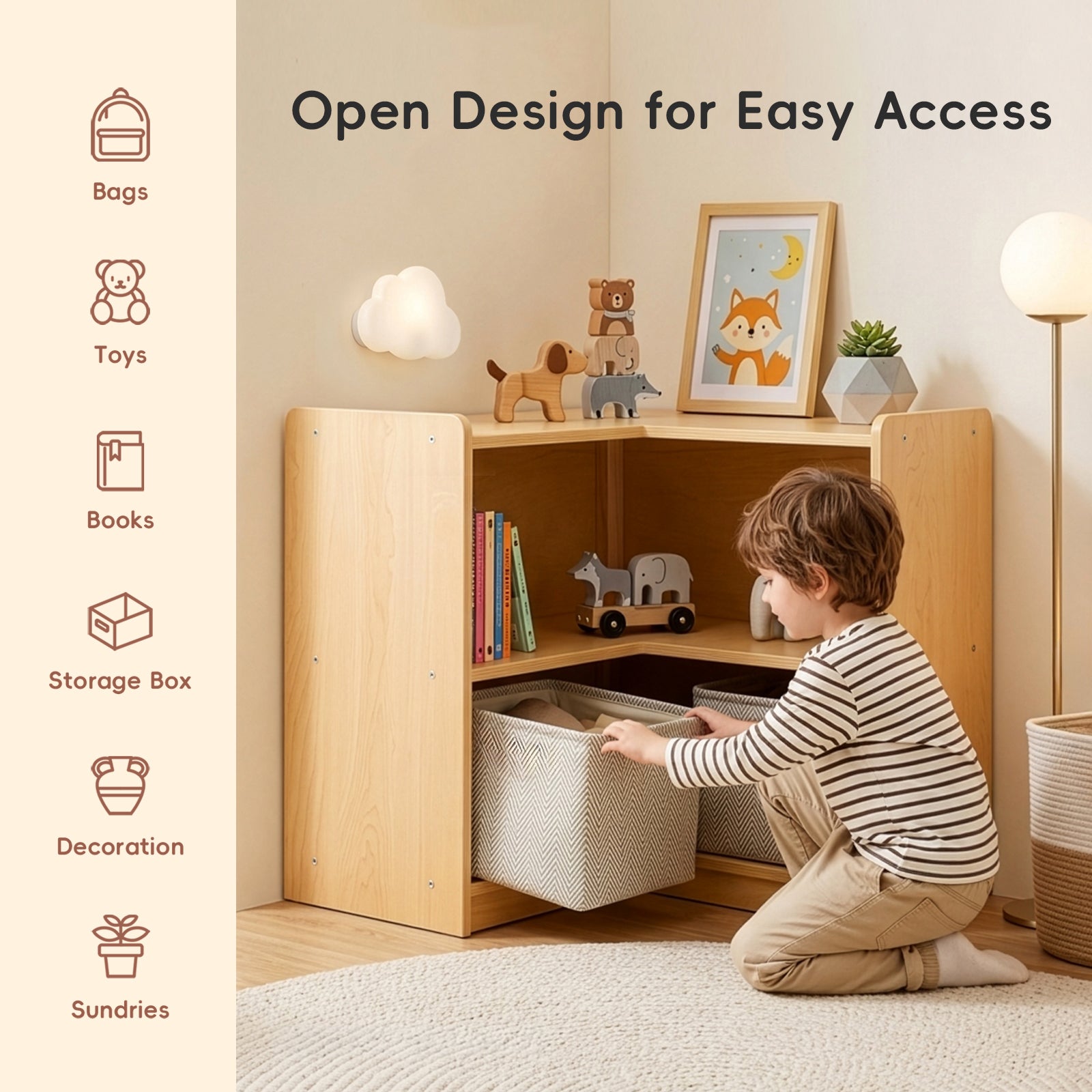 OOOK Plywood L-Shape Montessori Bookshelf for Compact Corner Space