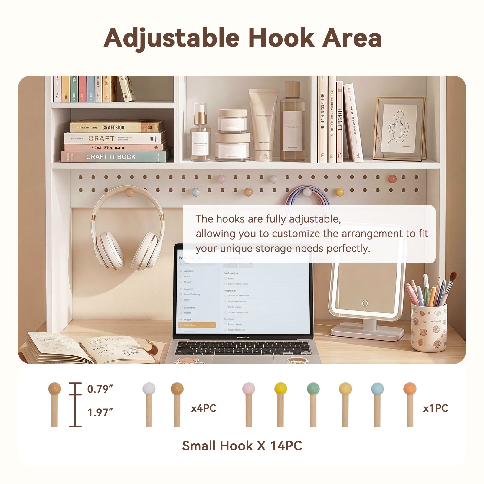 OOOK White Desk Hutch with Pegboard, Dorm Desk Organizer