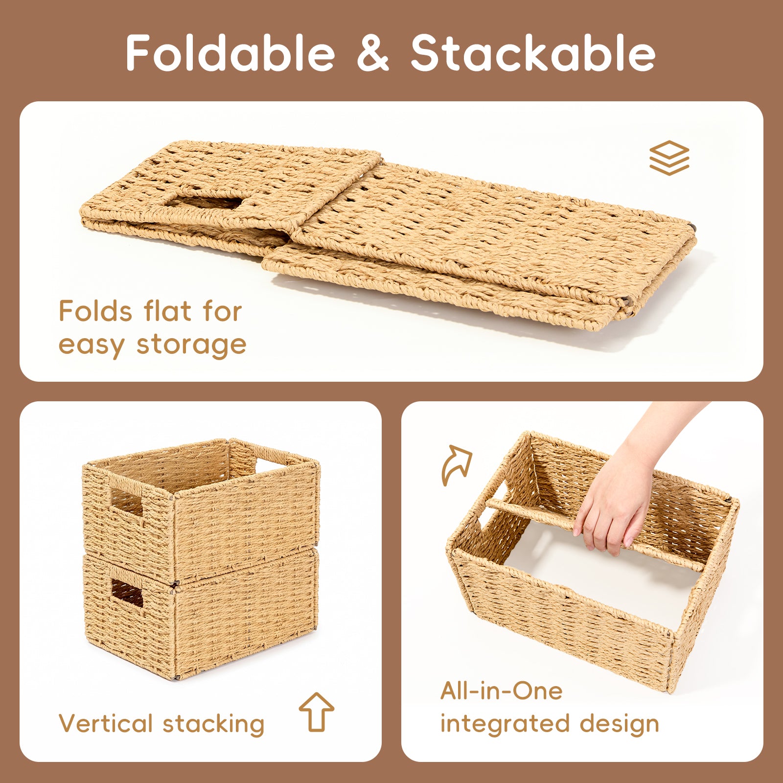 Set of 3 Foldable Wicker Storage Baskets with Handles, Natural Organizer Bins for Shelves