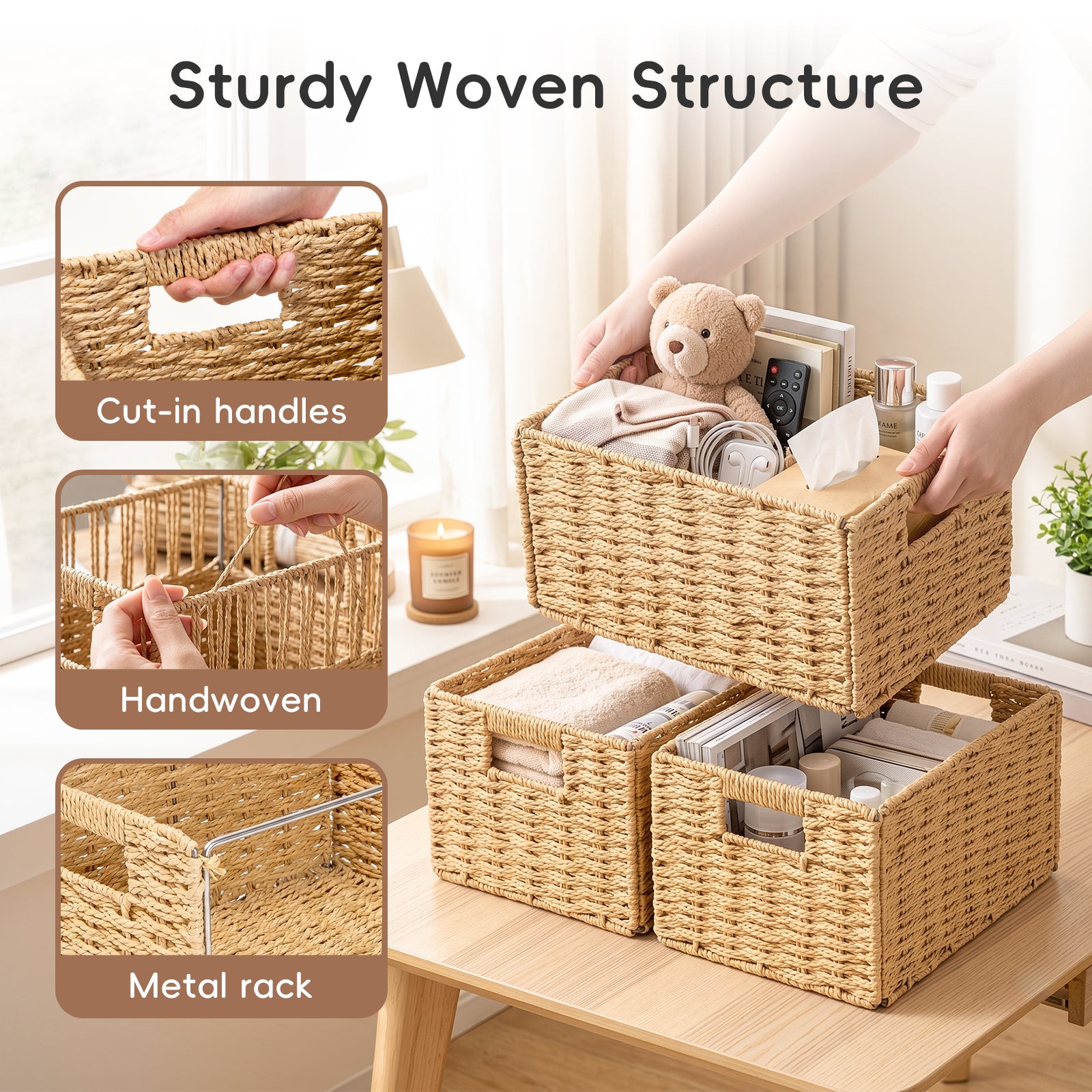 Set of 3 Foldable Wicker Storage Baskets with Handles, Natural Organizer Bins for Shelves