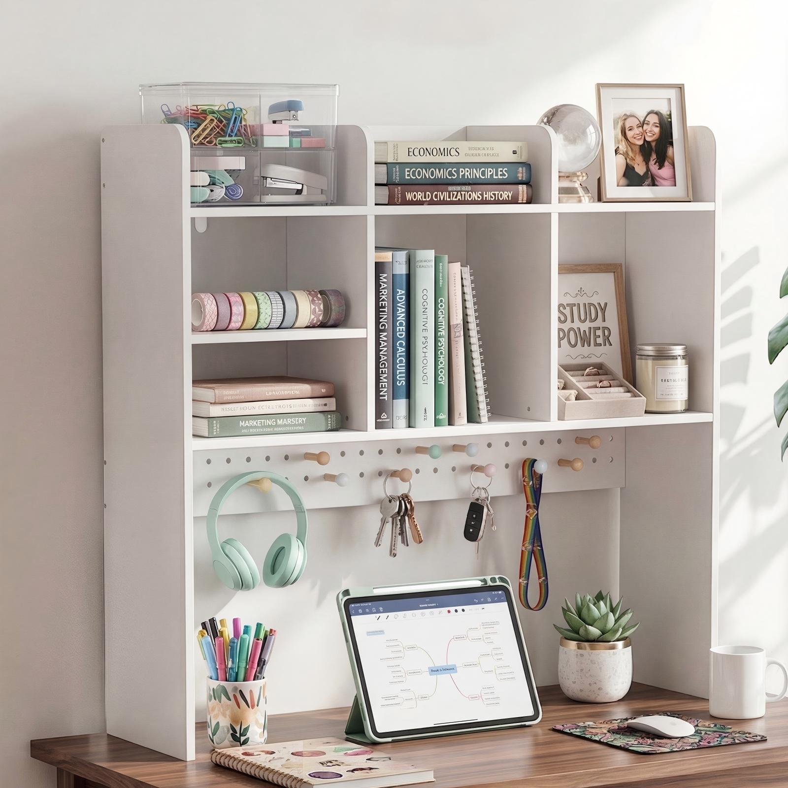 OOOK White Desk Hutch with Pegboard, Dorm Desk Organizer