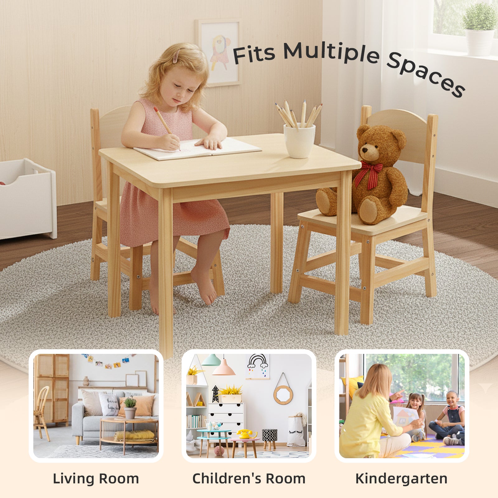 OOOK Wood Kids Table and Chairs Set,Waterproof Desktop