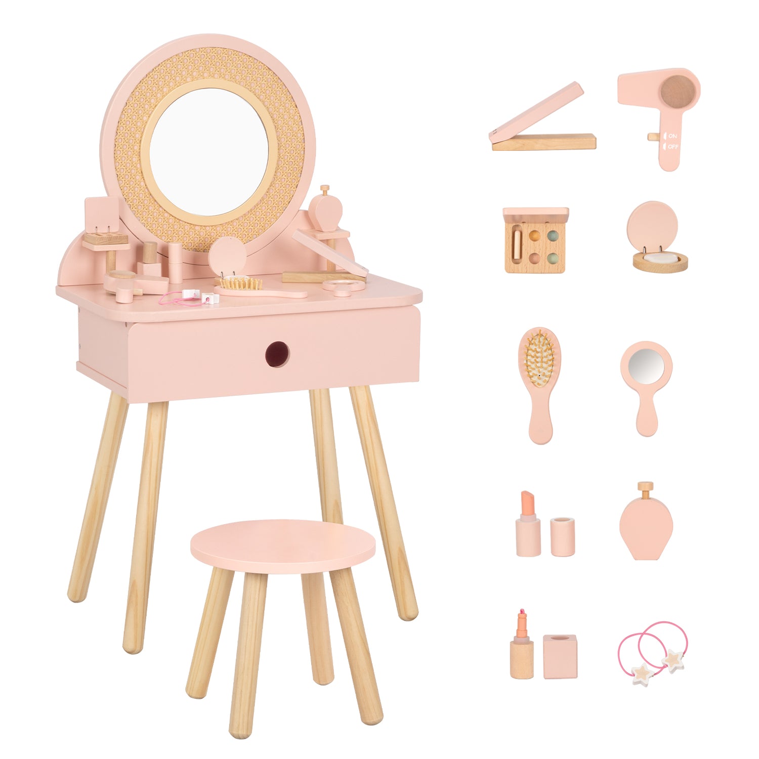 Kids Vanity Table and Chair Set, Pink Girls Vanity with 11 Pcs Accessories