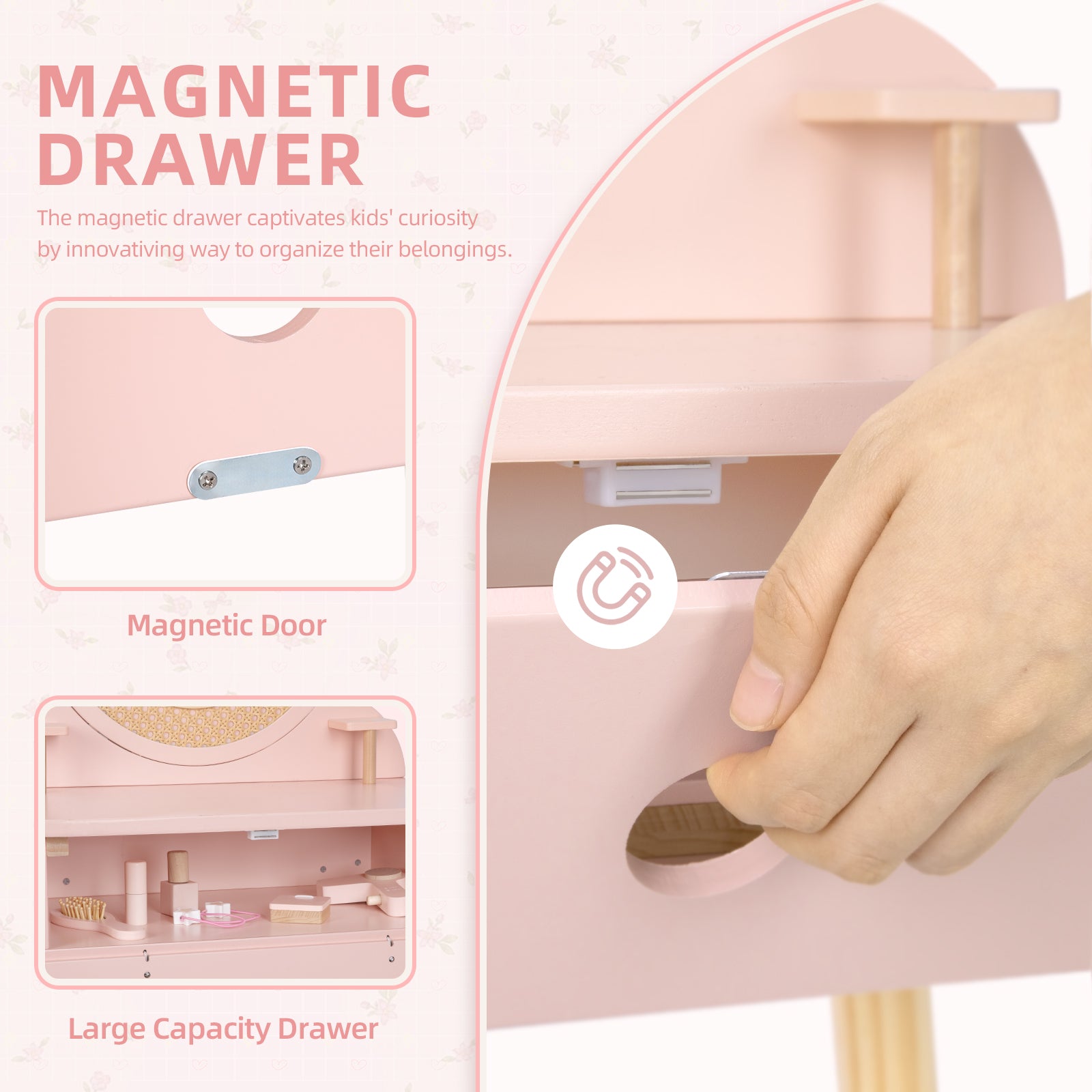 Kids Vanity Table and Chair Set, Pink Girls Vanity with 11 Pcs Accessories