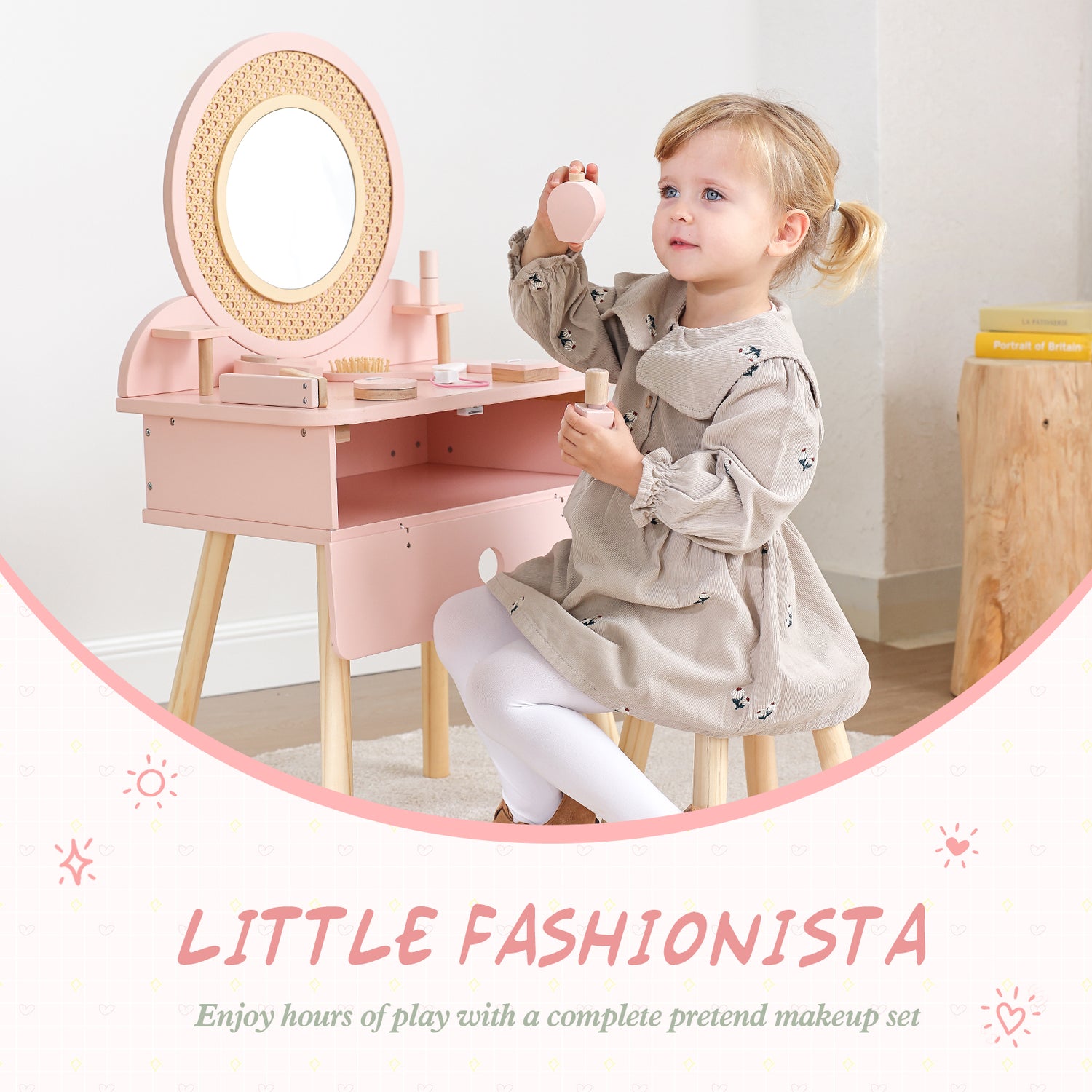 Kids Vanity Table and Chair Set, Pink Girls Vanity with 11 Pcs Accessories