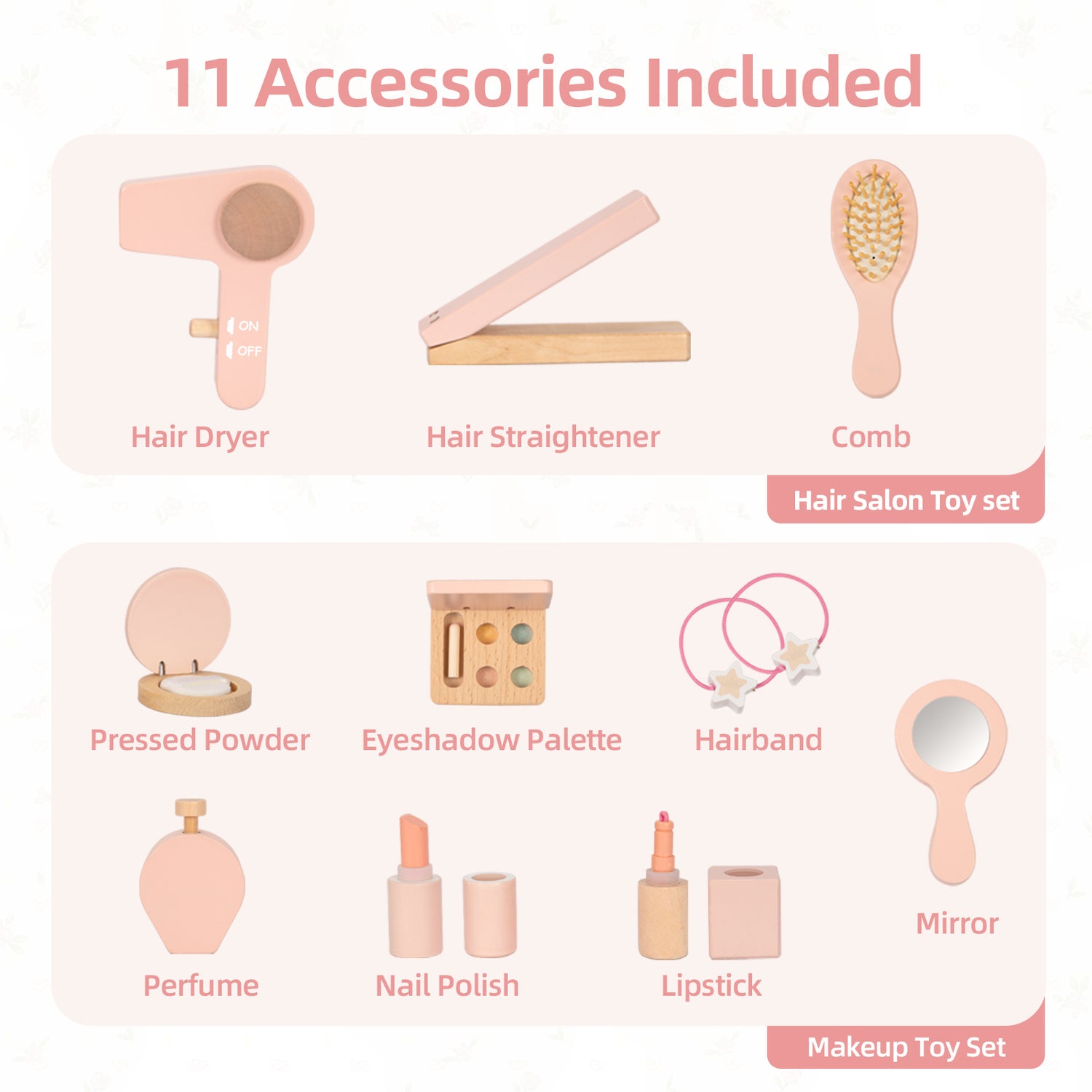 Kids Vanity Table and Chair Set, Pink Girls Vanity with 11 Pcs Accessories