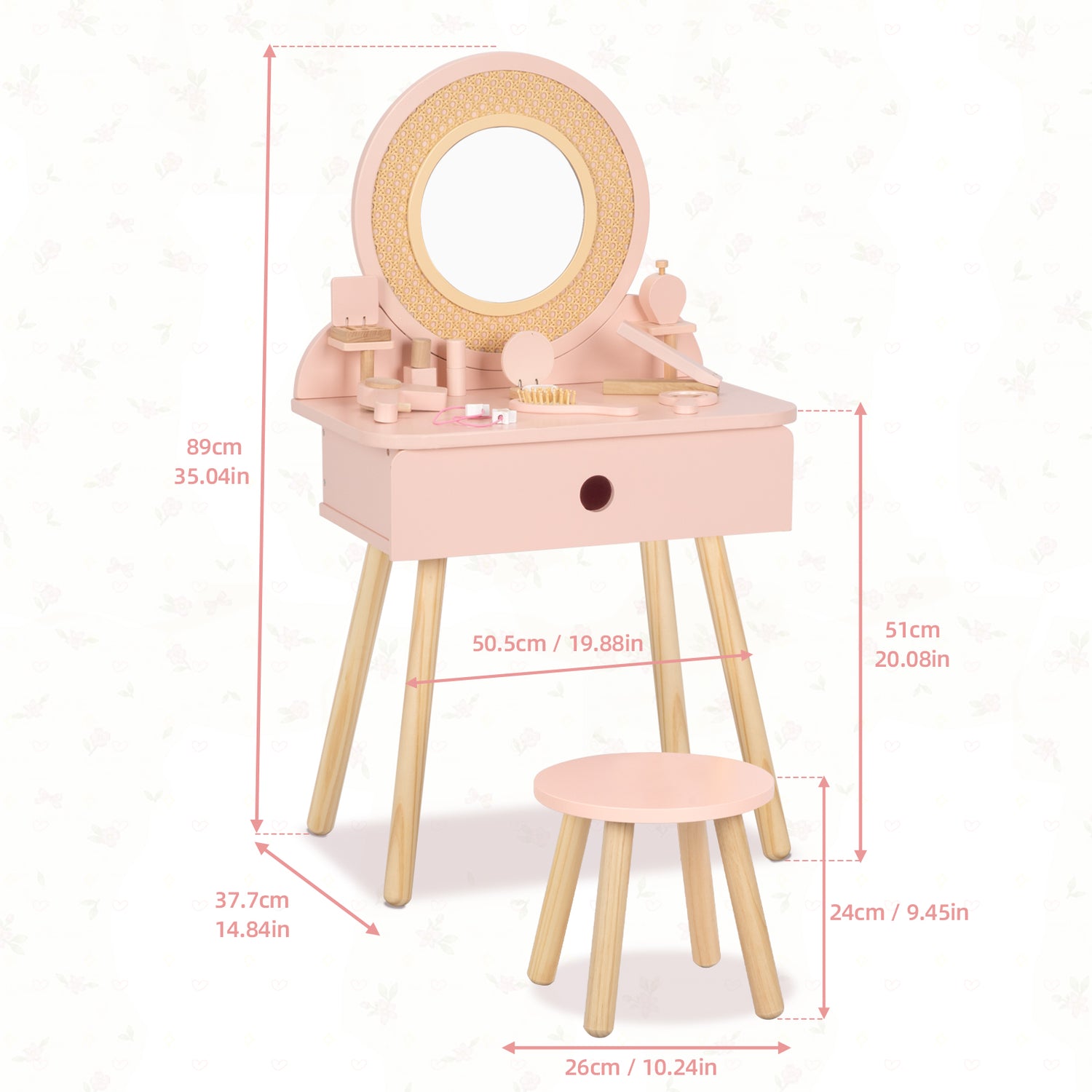 Kids Vanity Table and Chair Set, Pink Girls Vanity with 11 Pcs Accessories