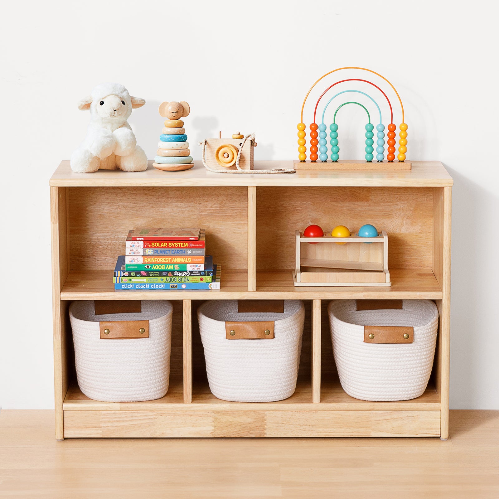 Rubber Wood 5-Compartment Montessori Shelf