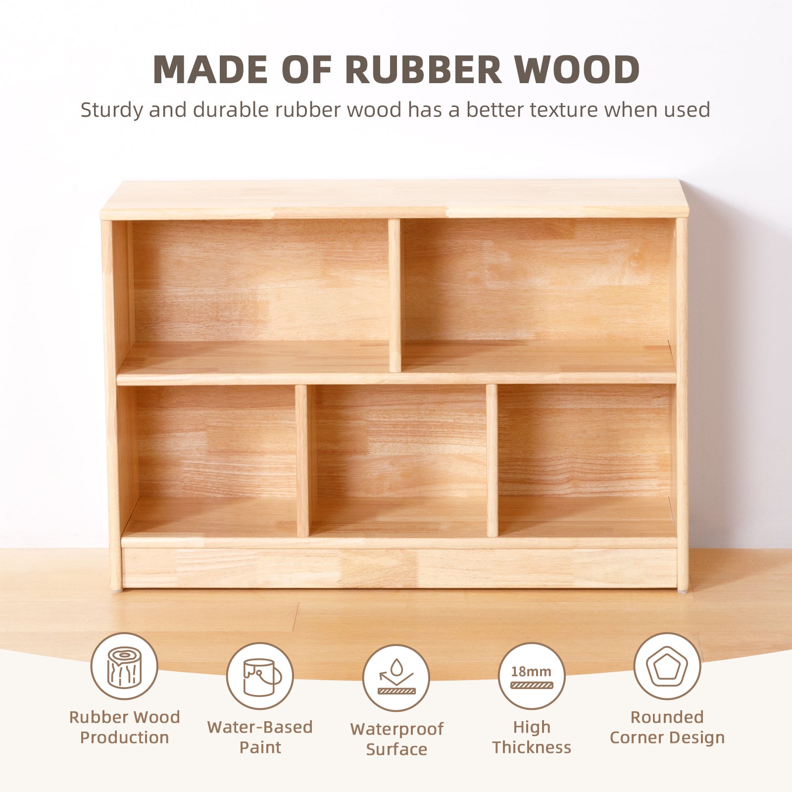 Rubber Wood 5-Compartment Montessori Shelf