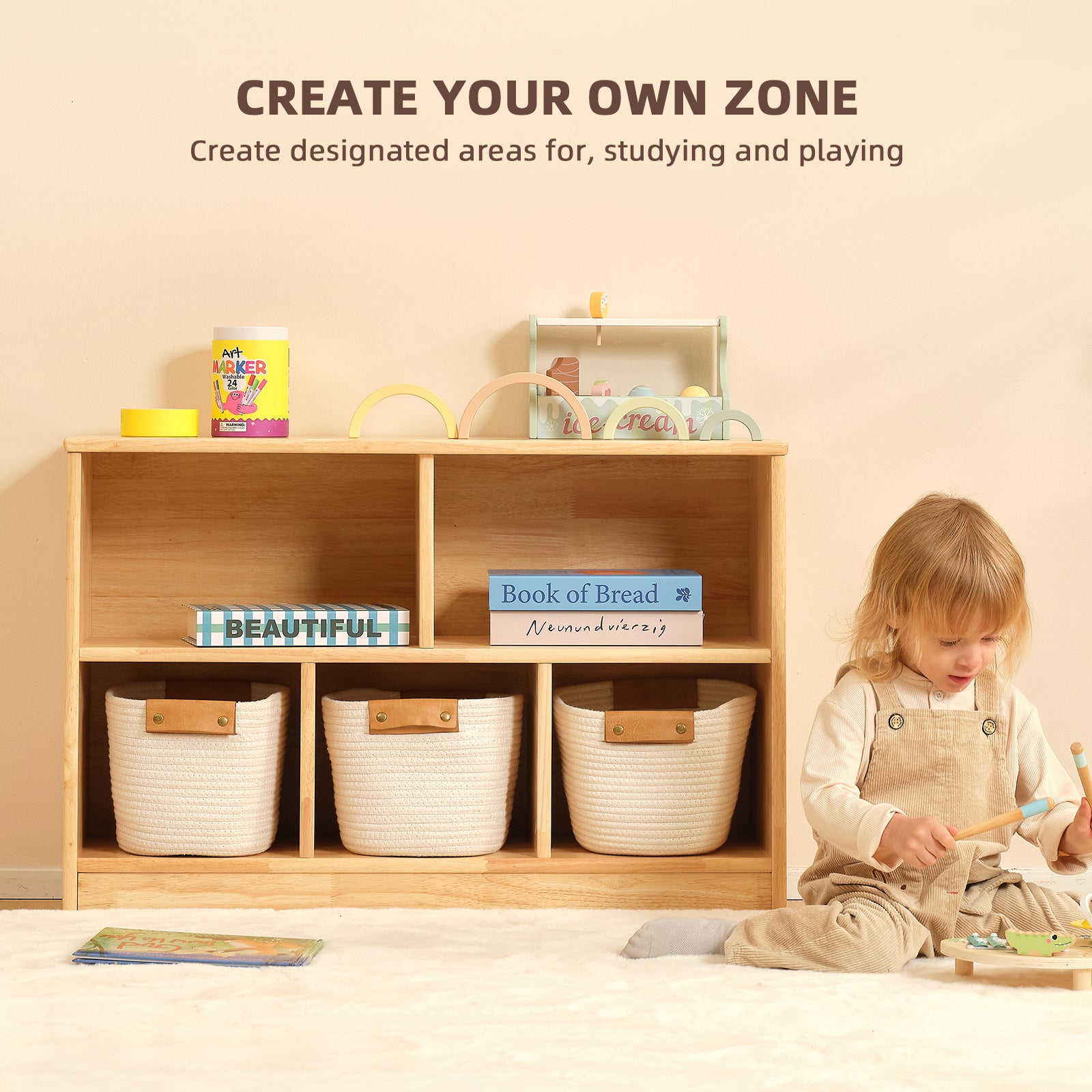 Rubber Wood 5-Compartment Montessori Shelf