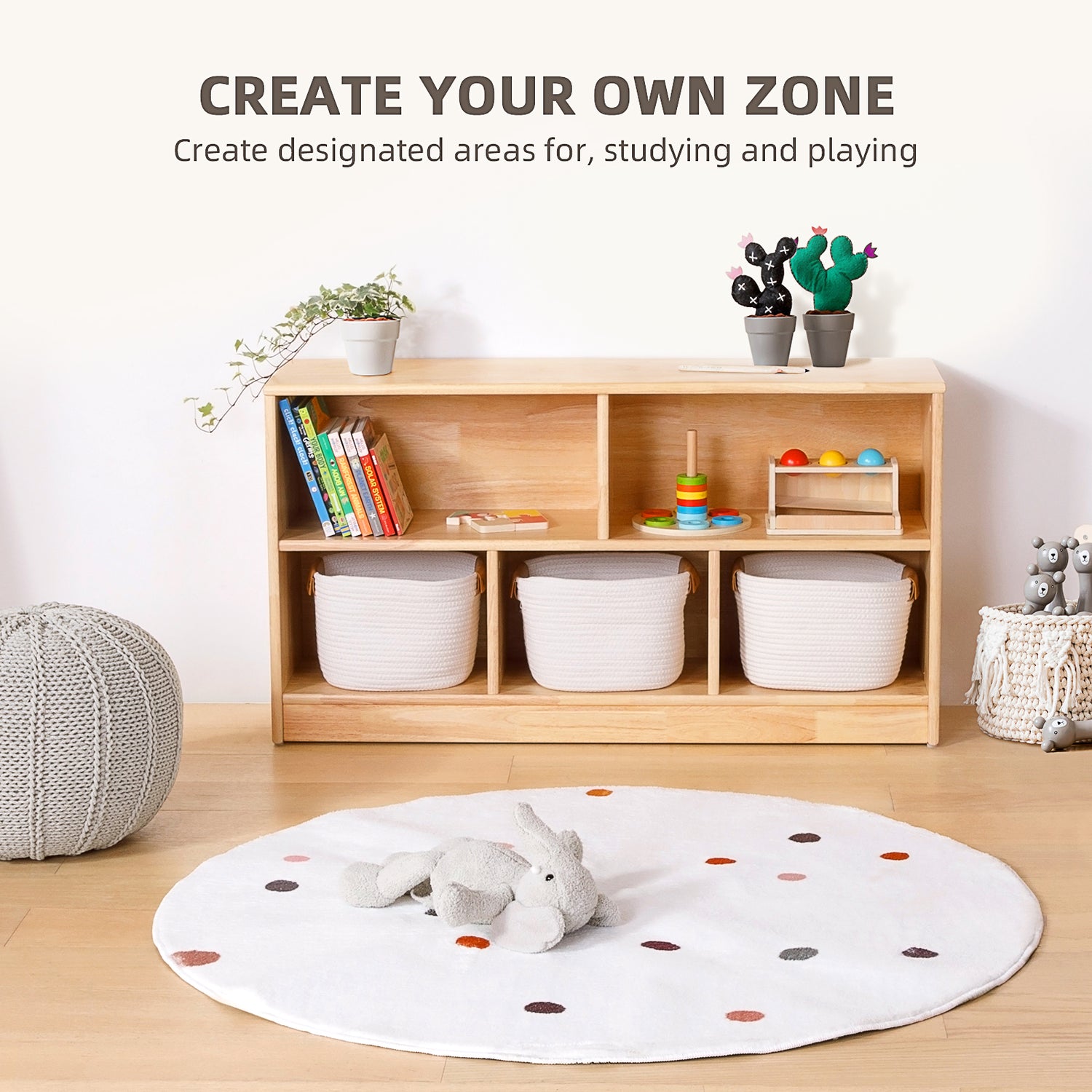 Rubber Wood 5-Compartment Montessori Shelf