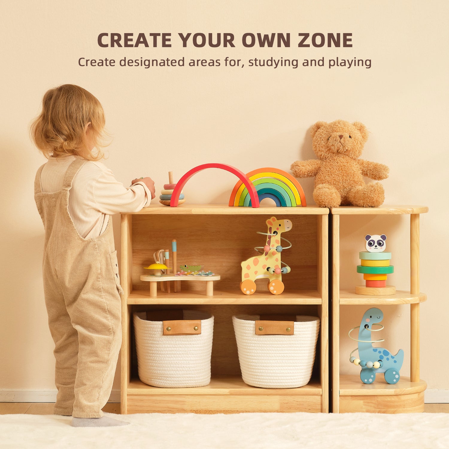 Rubber Wood Montessori Shelf and Toy Storage