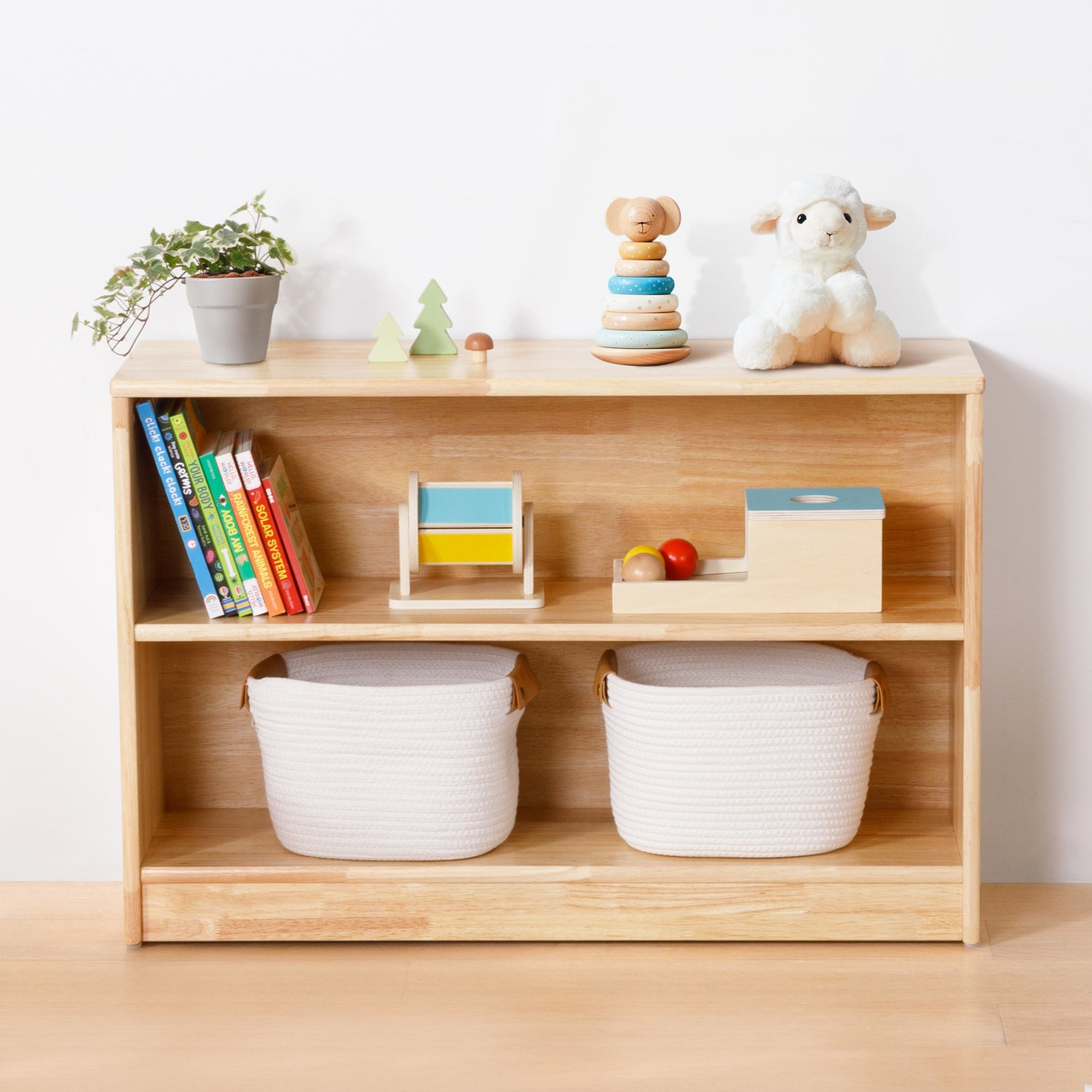 Rubber Wood 2-Compartment Montessori Shelf