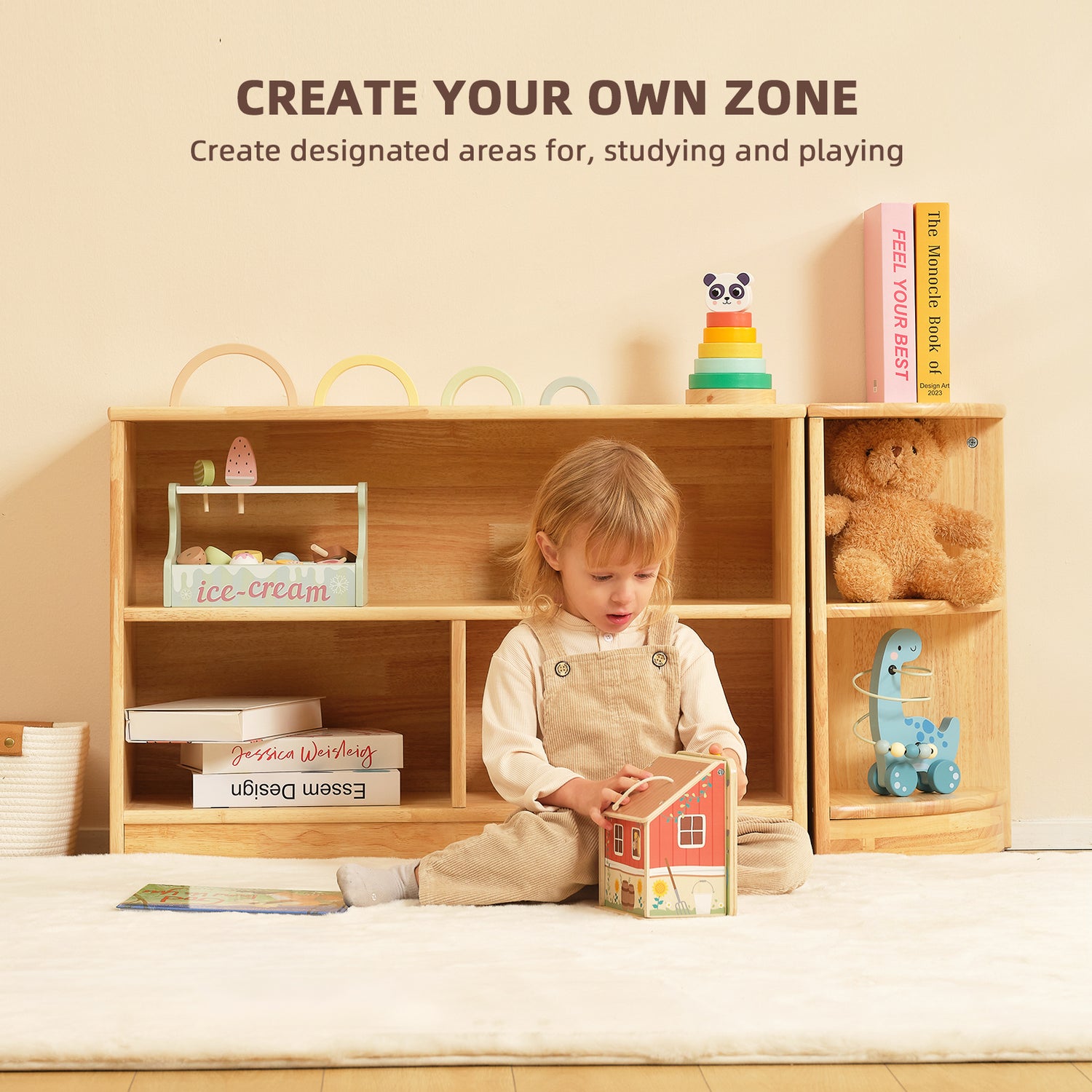 Rubber Wood 3-Compartment Montessori Shelf