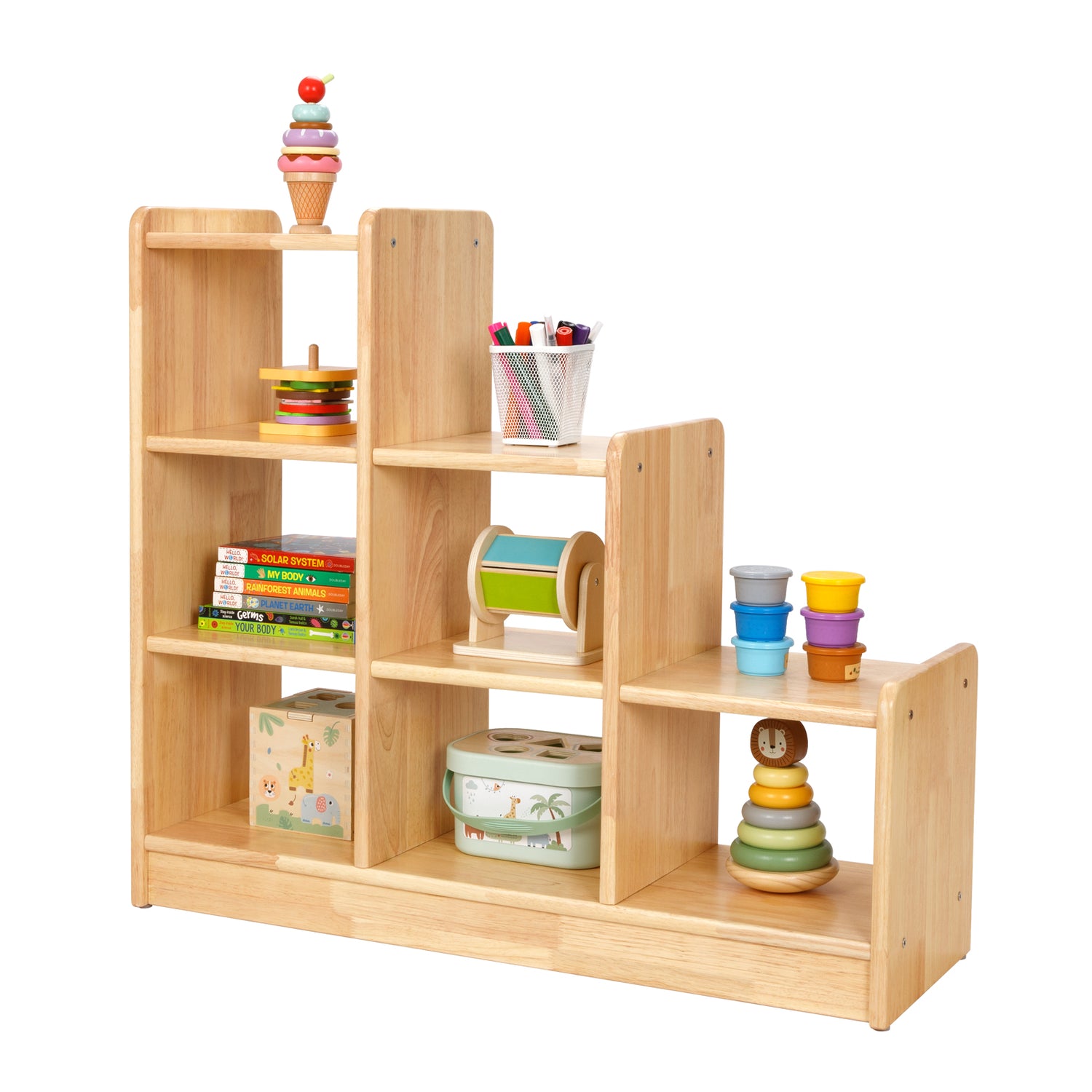 Rubber Wood 6 Cube Storage Organizer, Ladder Corner Shelf