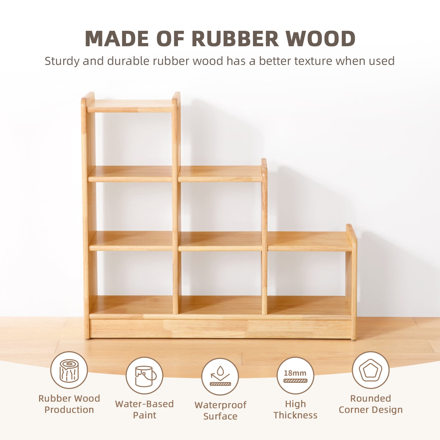 Rubber Wood 6 Cube Storage Organizer, Ladder Corner Shelf