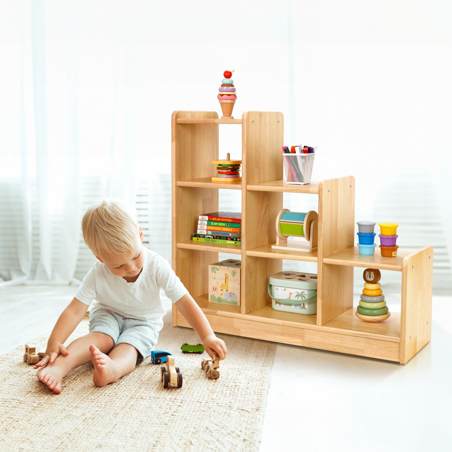 Rubber Wood 6 Cube Storage Organizer, Ladder Corner Shelf