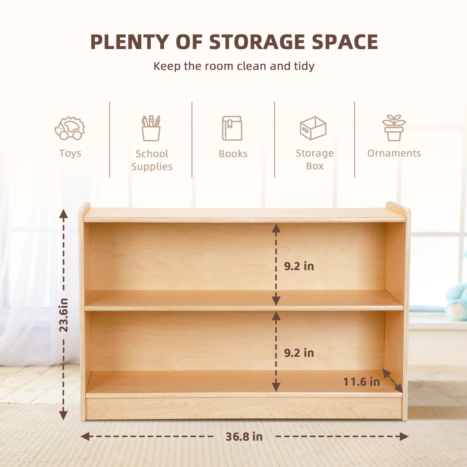 OOOK Plywood Montessori Shelf, Toy Organizers and Storage, 2-Tier Toddler Bookshelf