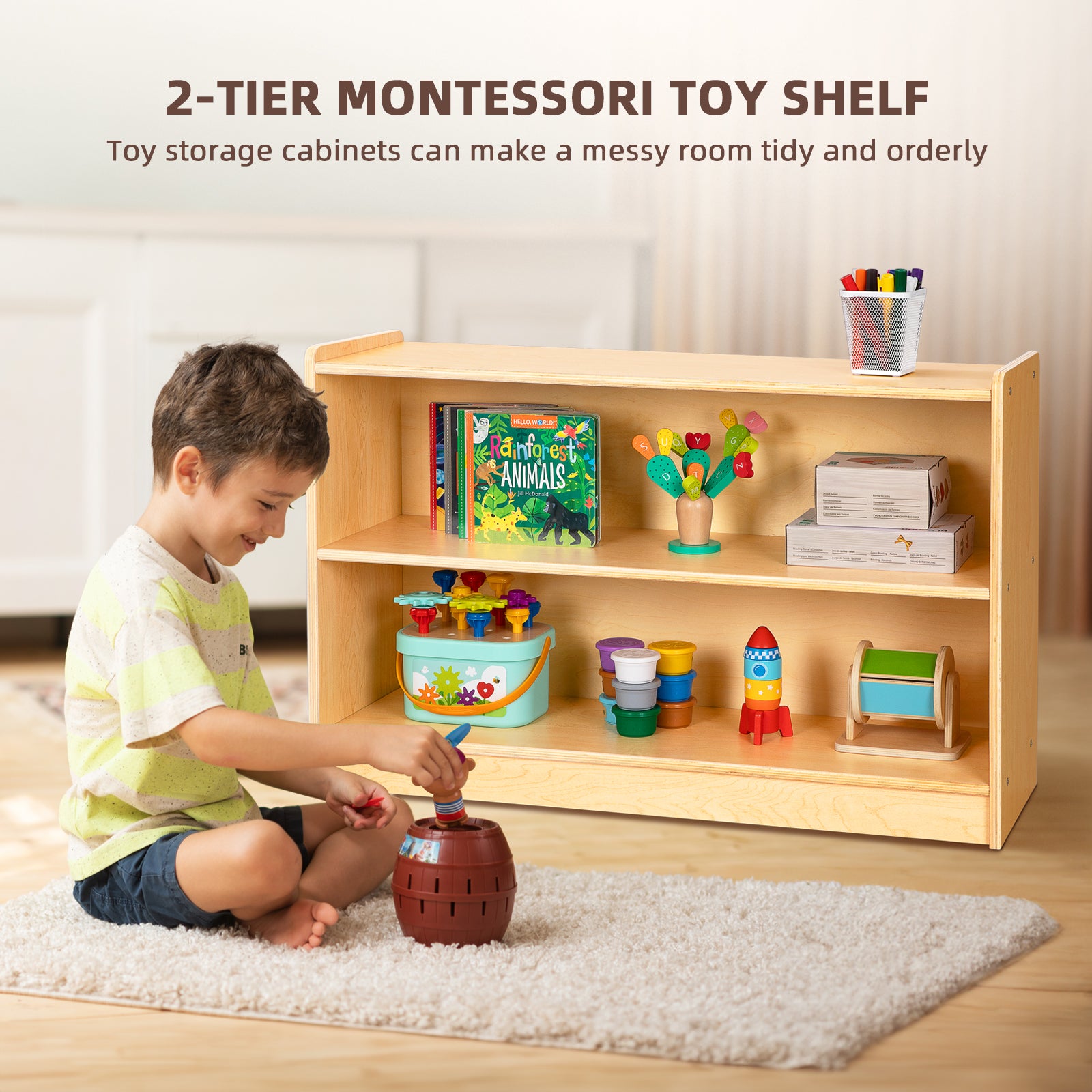 OOOK Plywood Montessori Shelf, Toy Organizers and Storage, 2-Tier Toddler Bookshelf