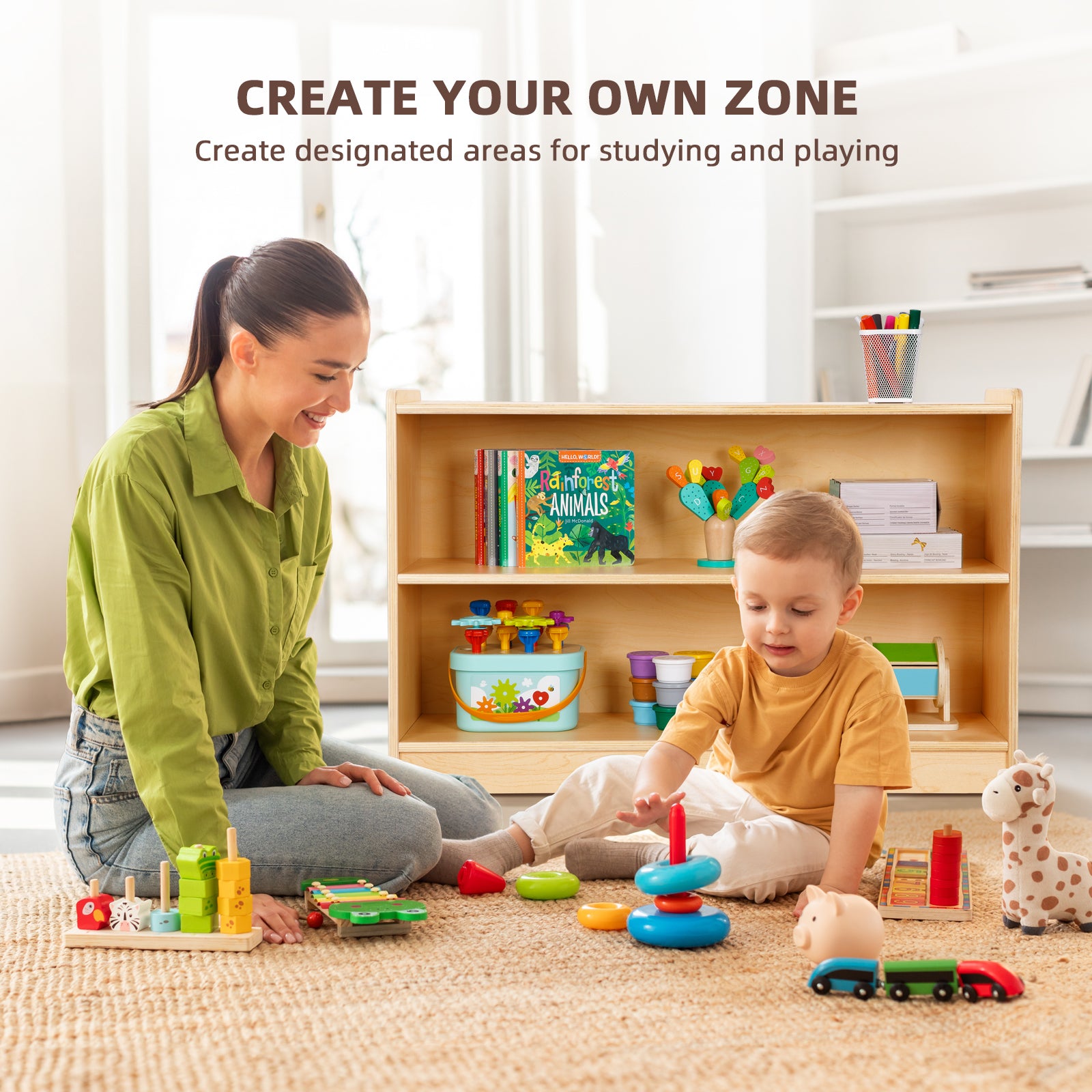 OOOK Plywood Montessori Shelf, Toy Organizers and Storage, 2-Tier Toddler Bookshelf