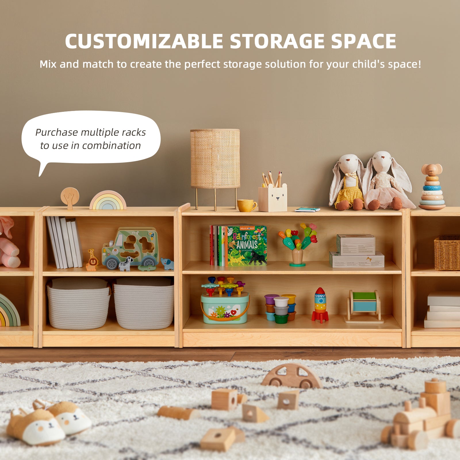 OOOK Plywood Montessori Shelf, Toy Organizers and Storage, 2-Tier Toddler Bookshelf