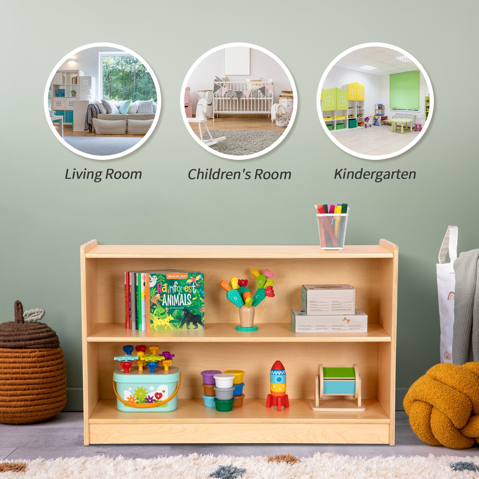OOOK Plywood Montessori Shelf, Toy Organizers and Storage, 2-Tier Toddler Bookshelf