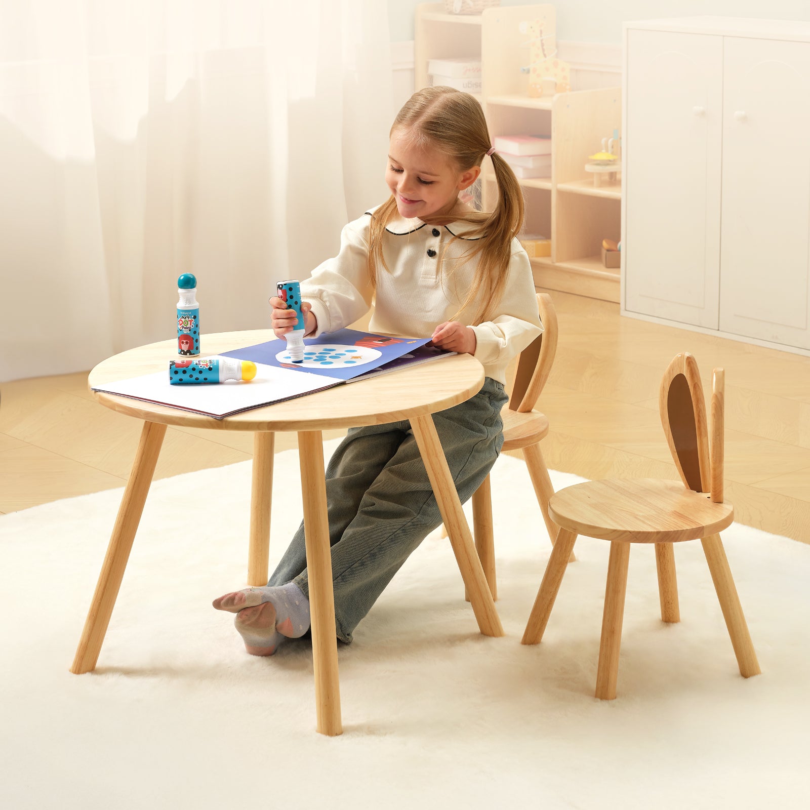 Rubberwood Kids Table and Chair Set, Natural Wood