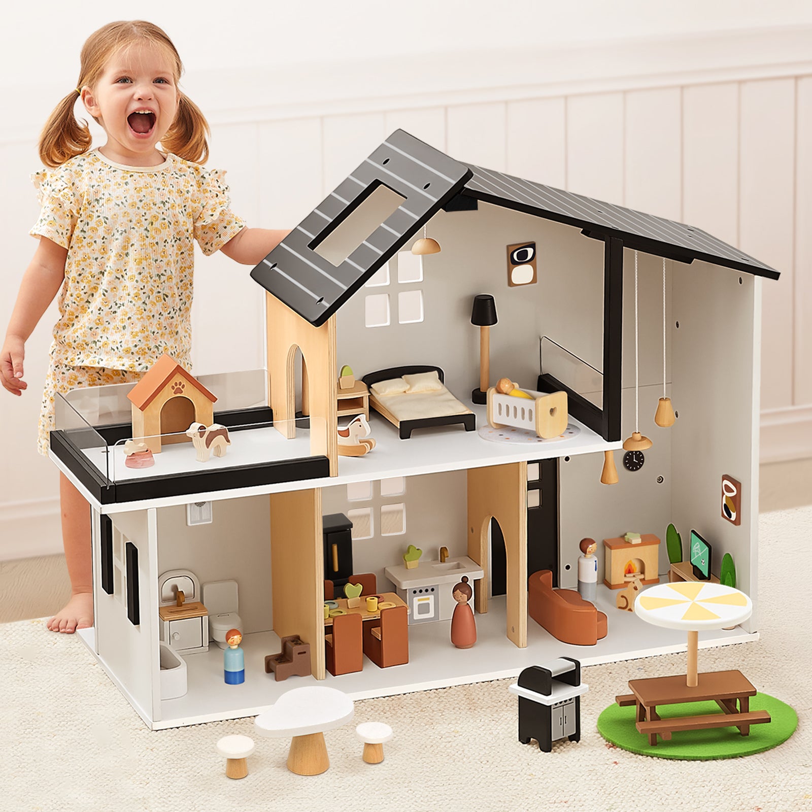 OOOK Wooden Dollhouse, Modern Doll House with 66Pcs Luxurious Furniture Accessories