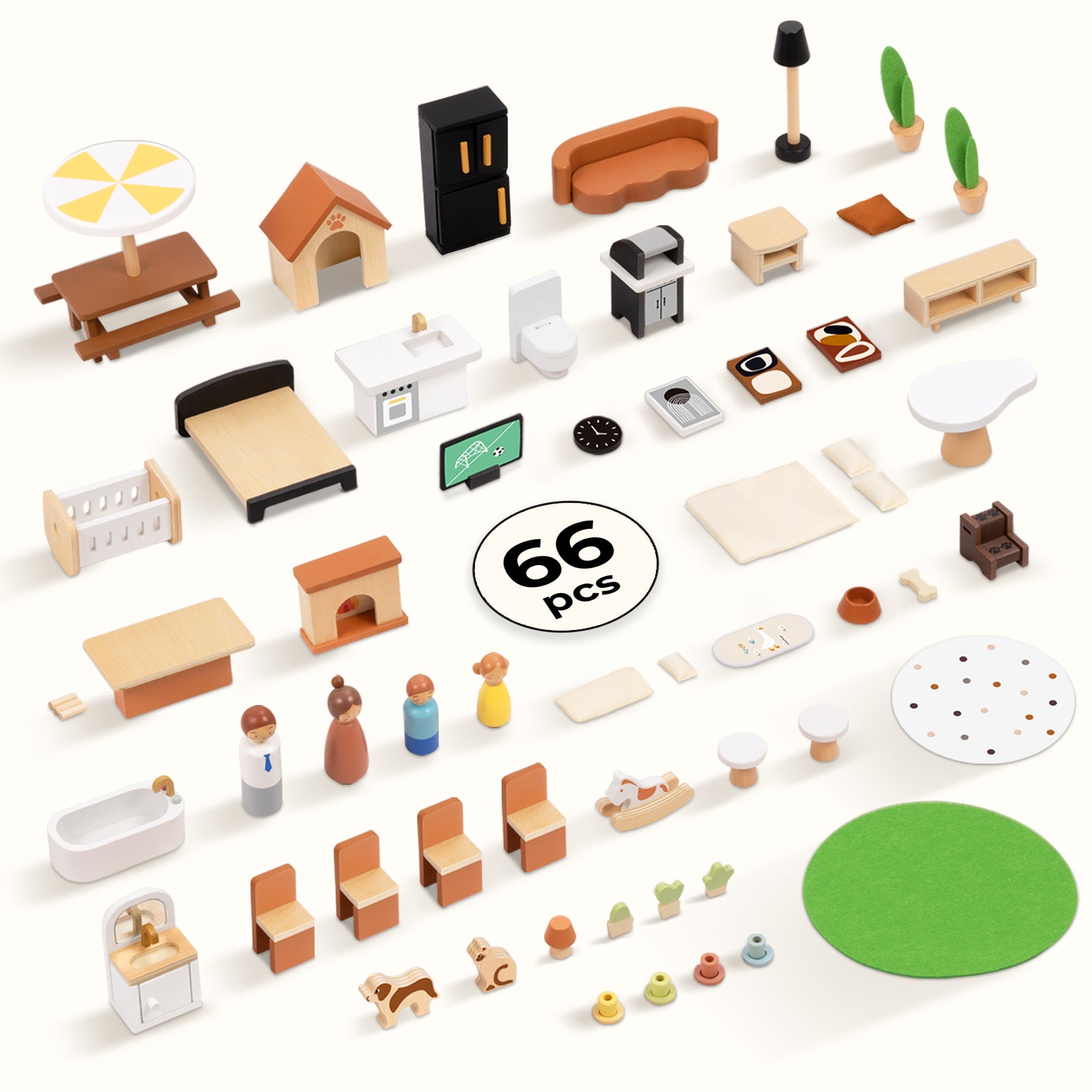 OOOK Wooden Dollhouse, Modern Doll House with 66Pcs Luxurious Furniture Accessories