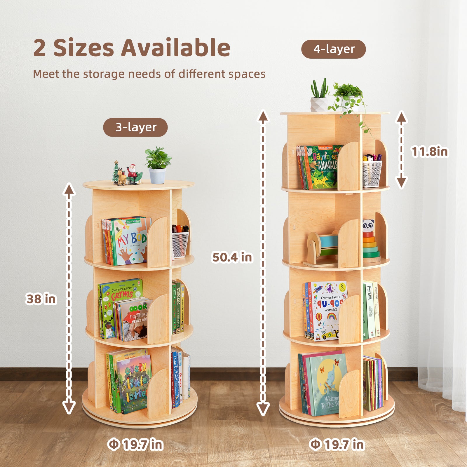 OOOK Plywood Wood Rotating Bookshelf for Kids, Spinning Bookshelf Tower