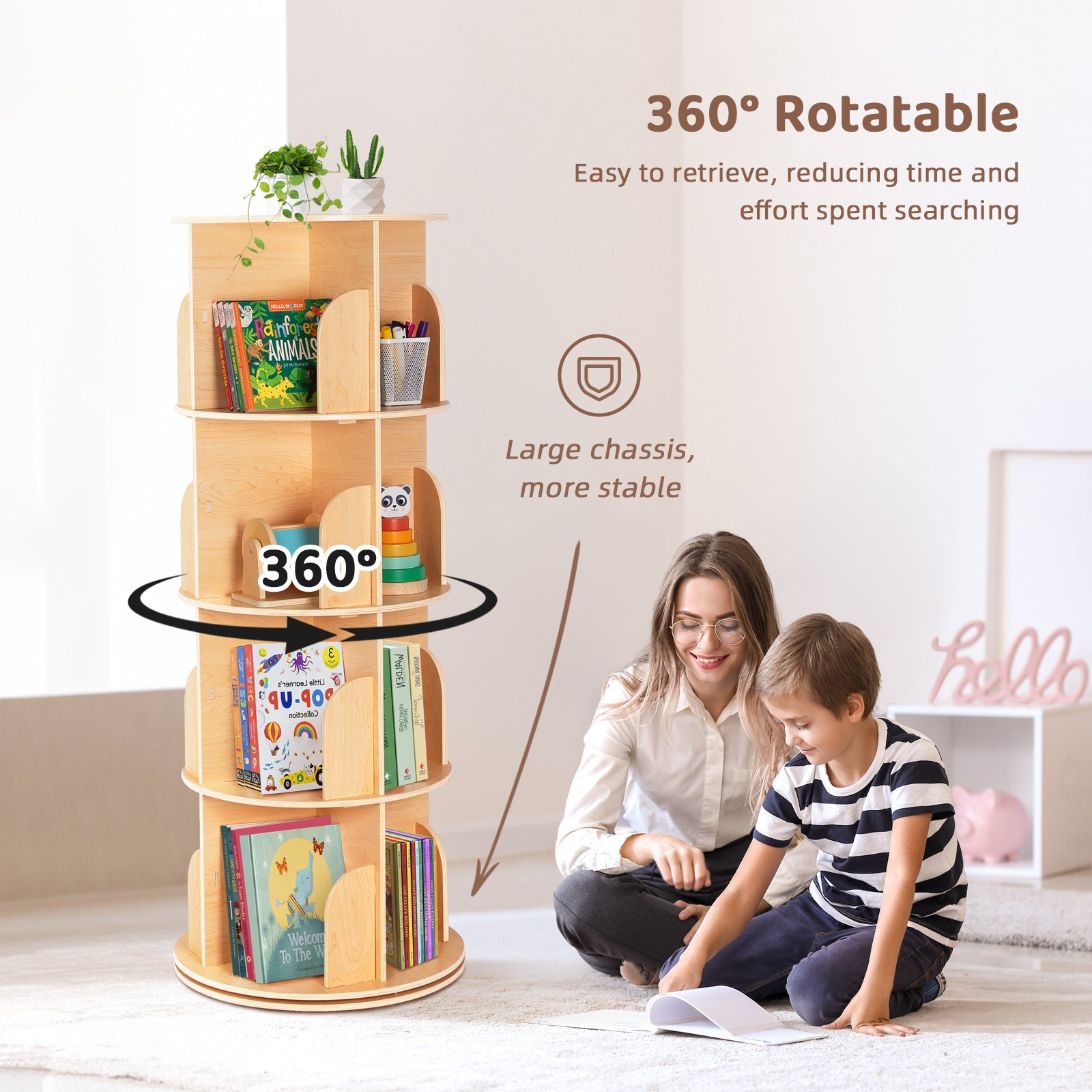 OOOK Plywood Wood Rotating Bookshelf for Kids, Spinning Bookshelf Tower