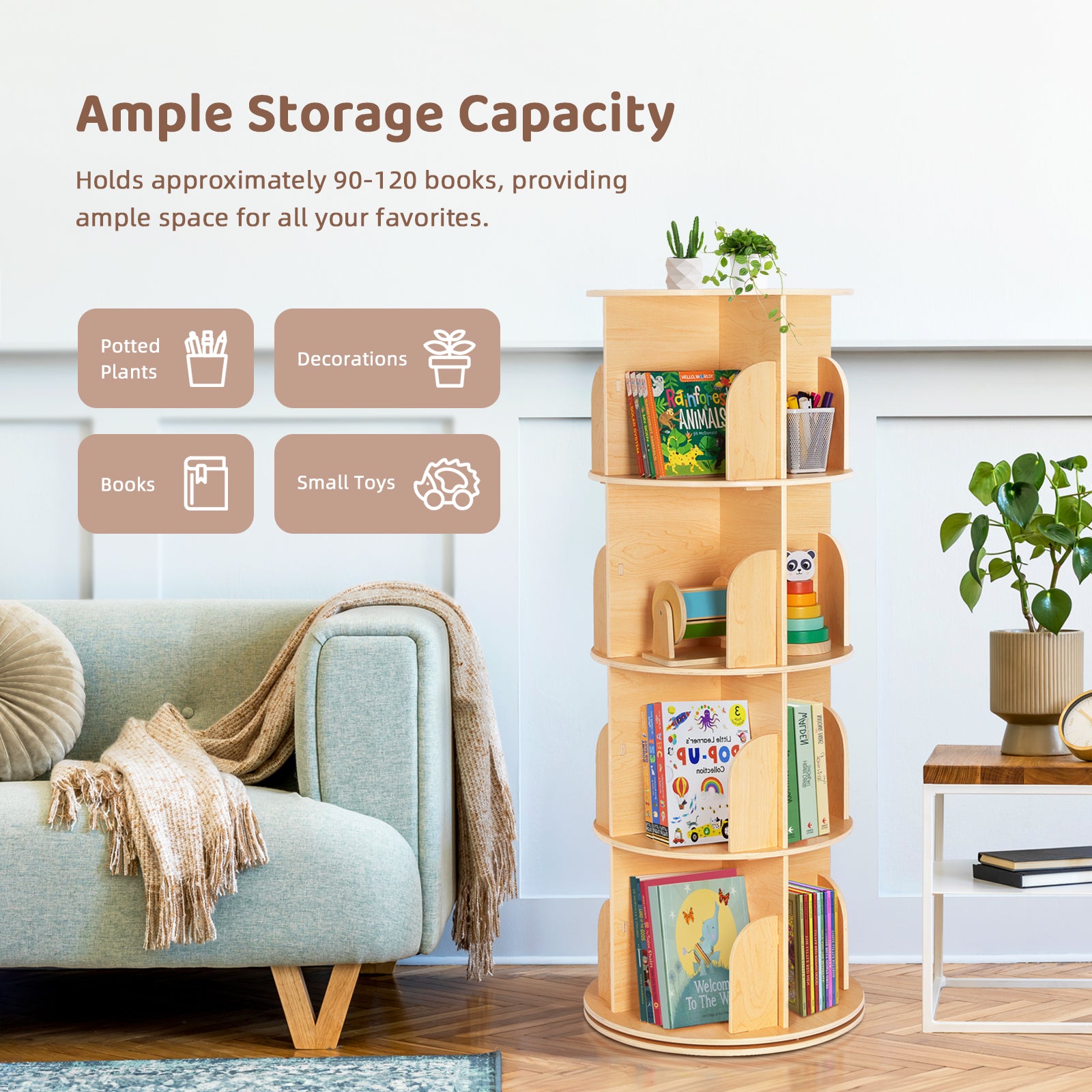 Wood Rotating Bookshelf for Kids, Spinning Bookshelf Tower