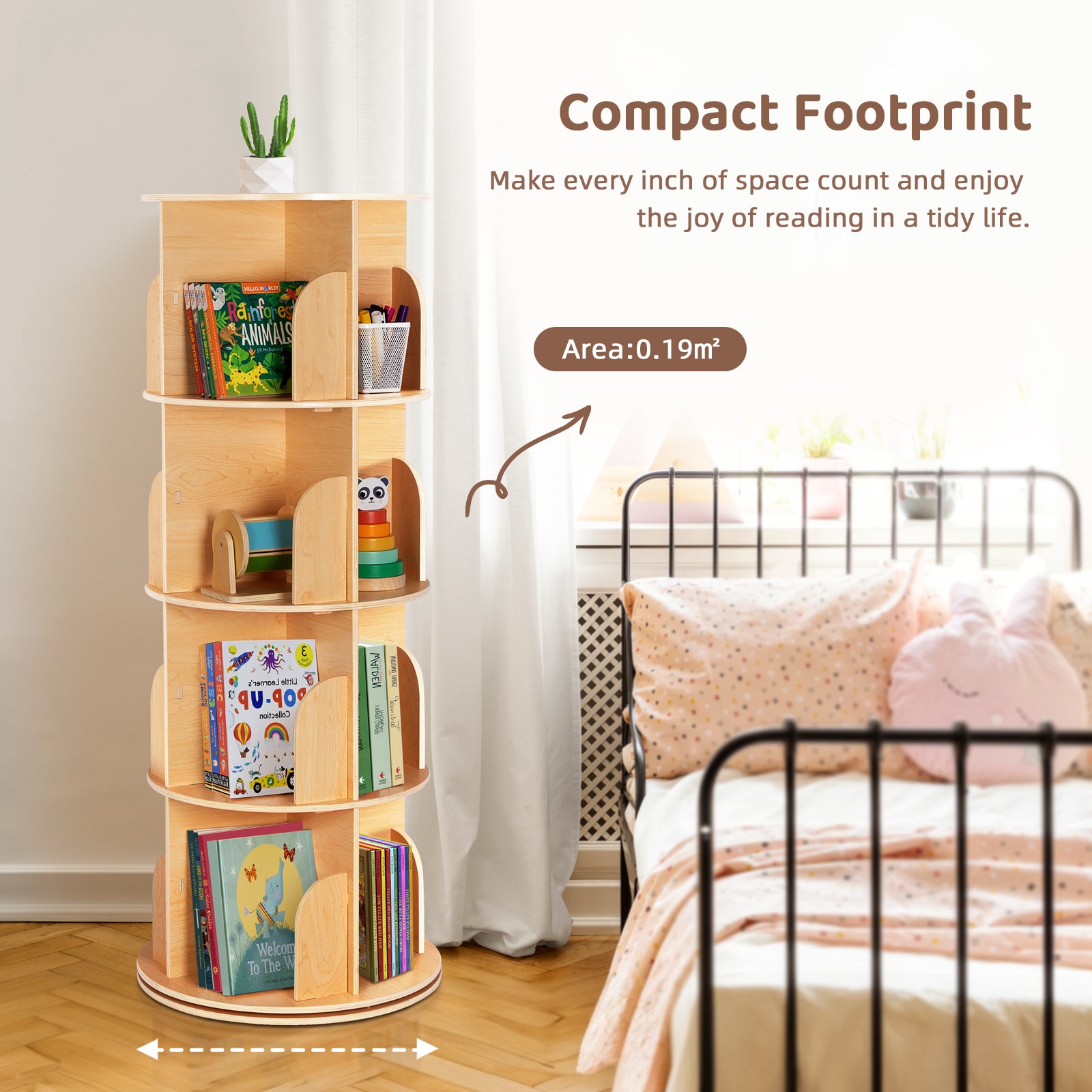 OOOK Plywood Wood Rotating Bookshelf for Kids, Spinning Bookshelf Tower