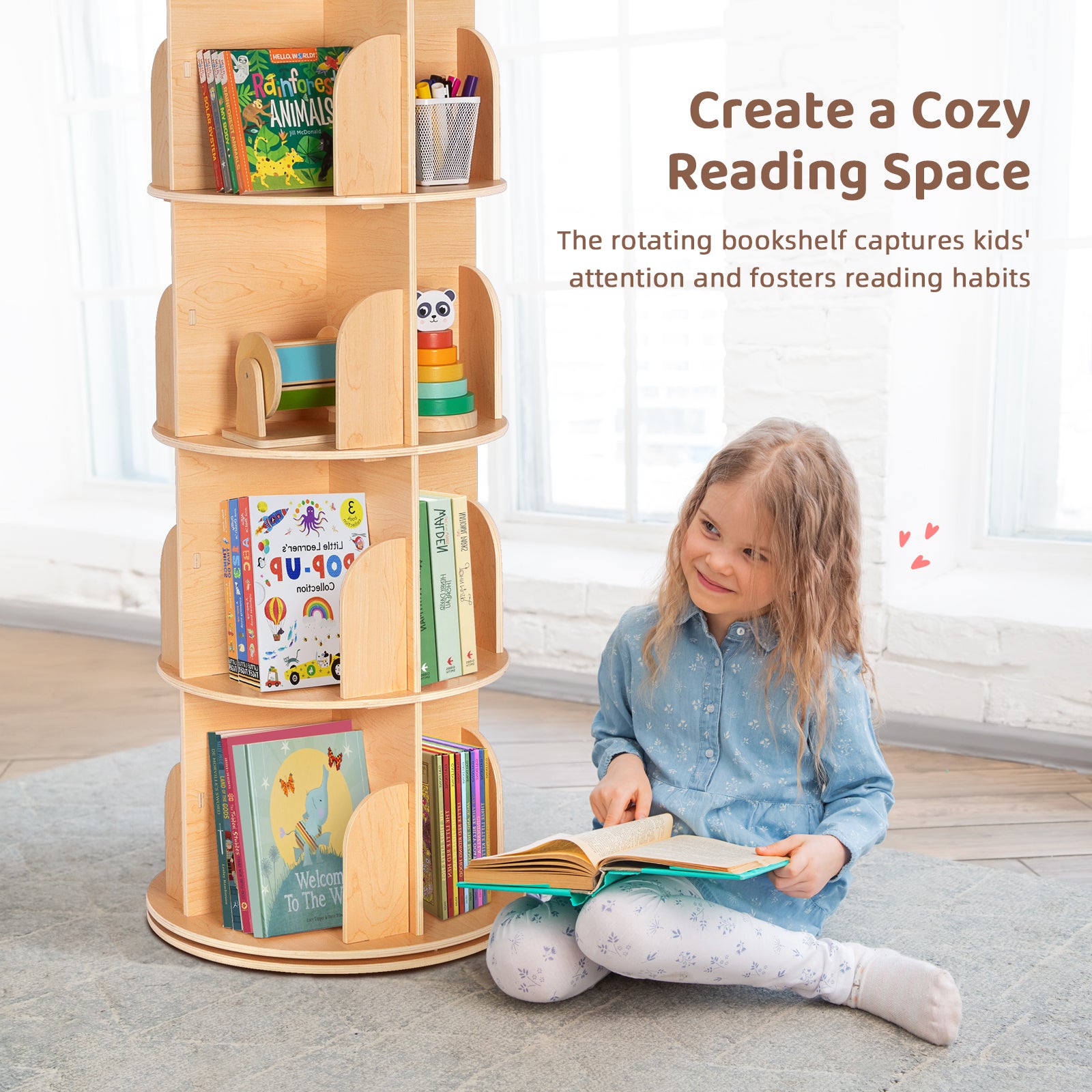 OOOK Plywood Wood Rotating Bookshelf for Kids, Spinning Bookshelf Tower