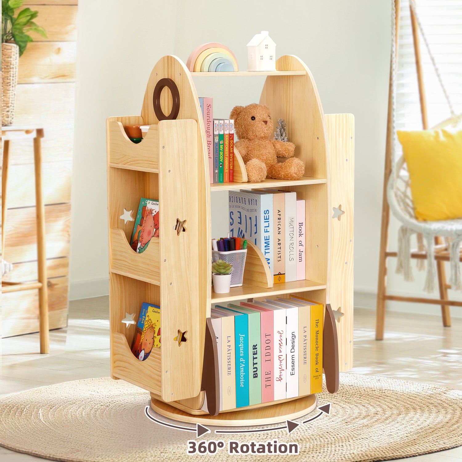 Rocket Rotating Bookshelf for Kids, 360 Display Spinning Bookshelf Tower