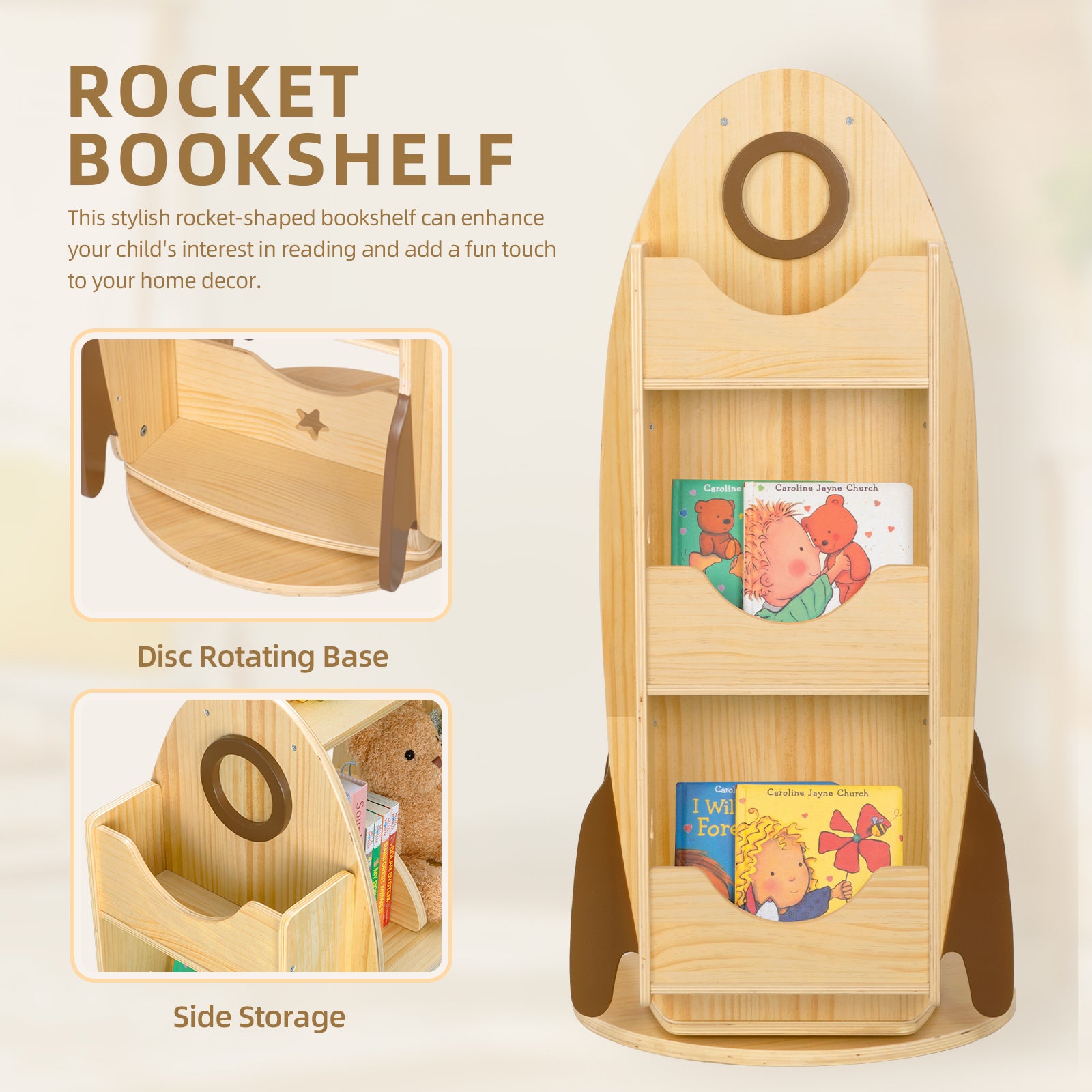 Rocket Rotating Bookshelf for Kids, 360 Display Spinning Bookshelf Tower