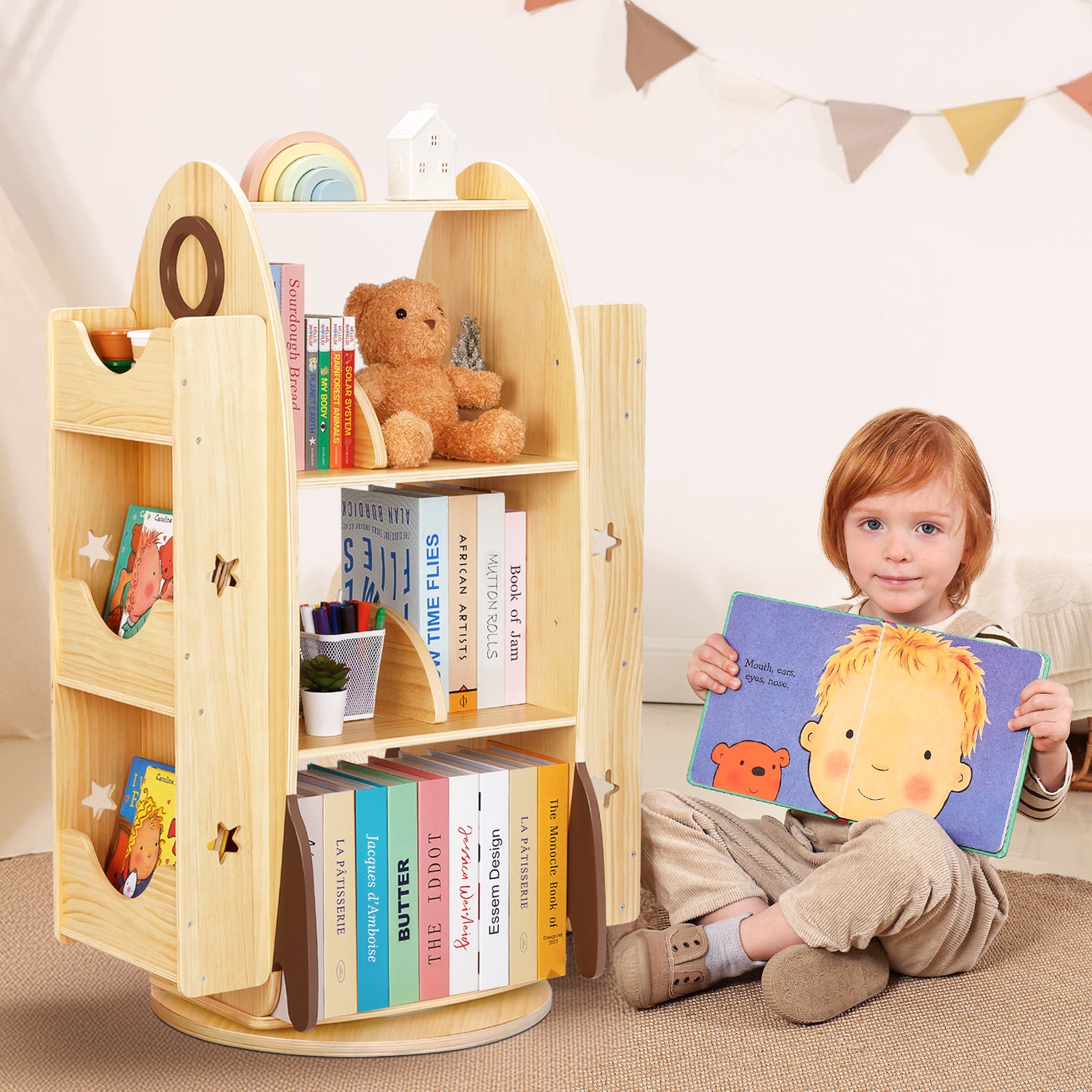 OOOK Rocket Rotating Bookshelf for Kids, 360 Display Spinning Bookshelf Tower