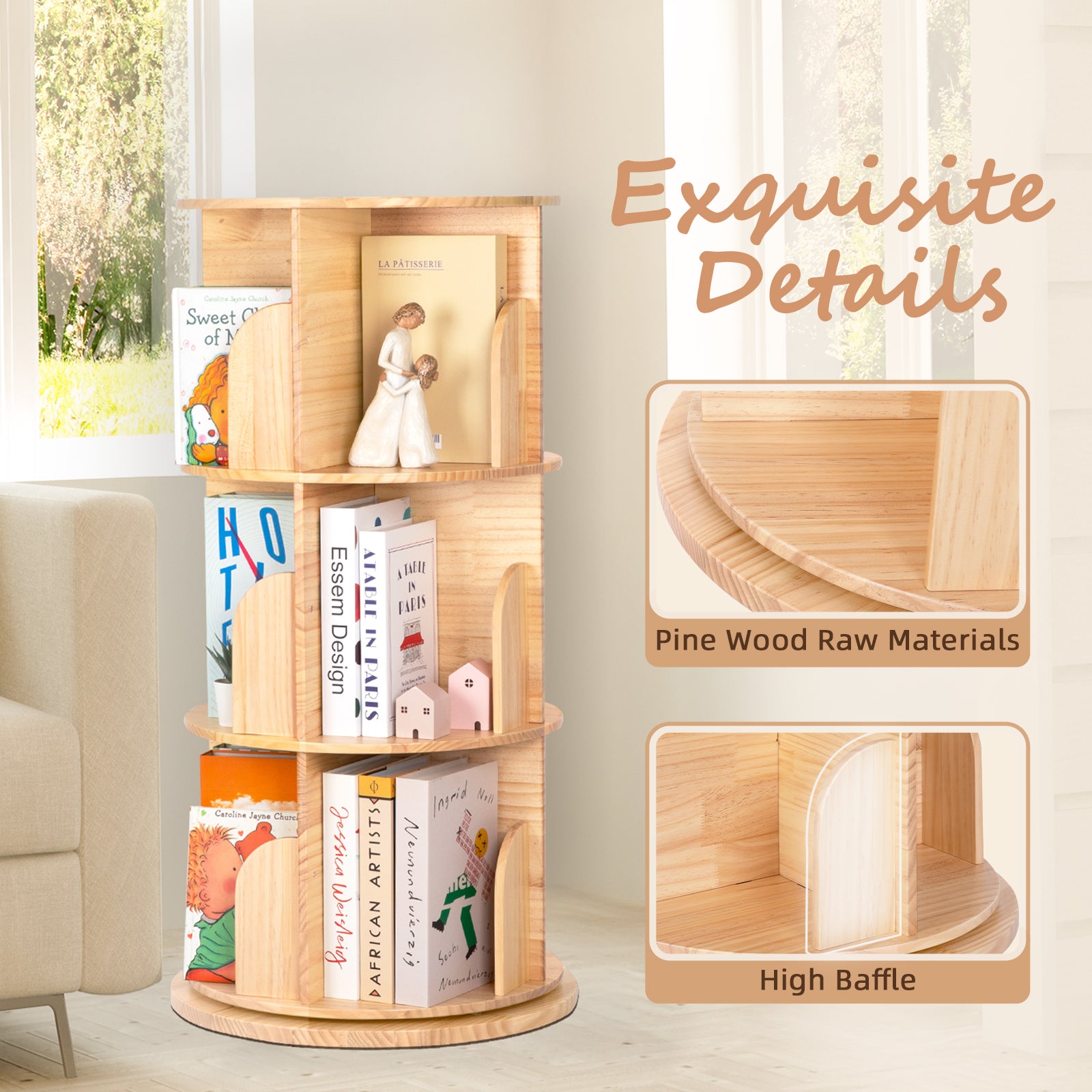 Solid Wood Rotating Bookshelf for Kids