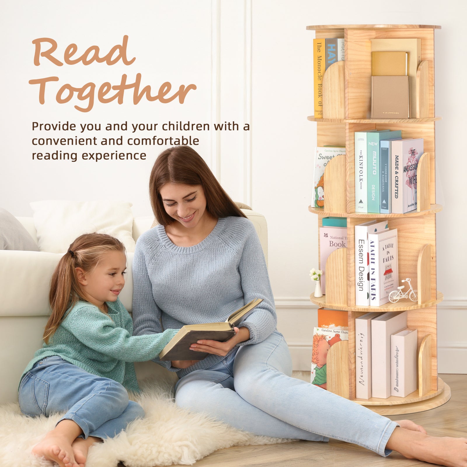 Solid Wood Rotating Bookshelf for Kids