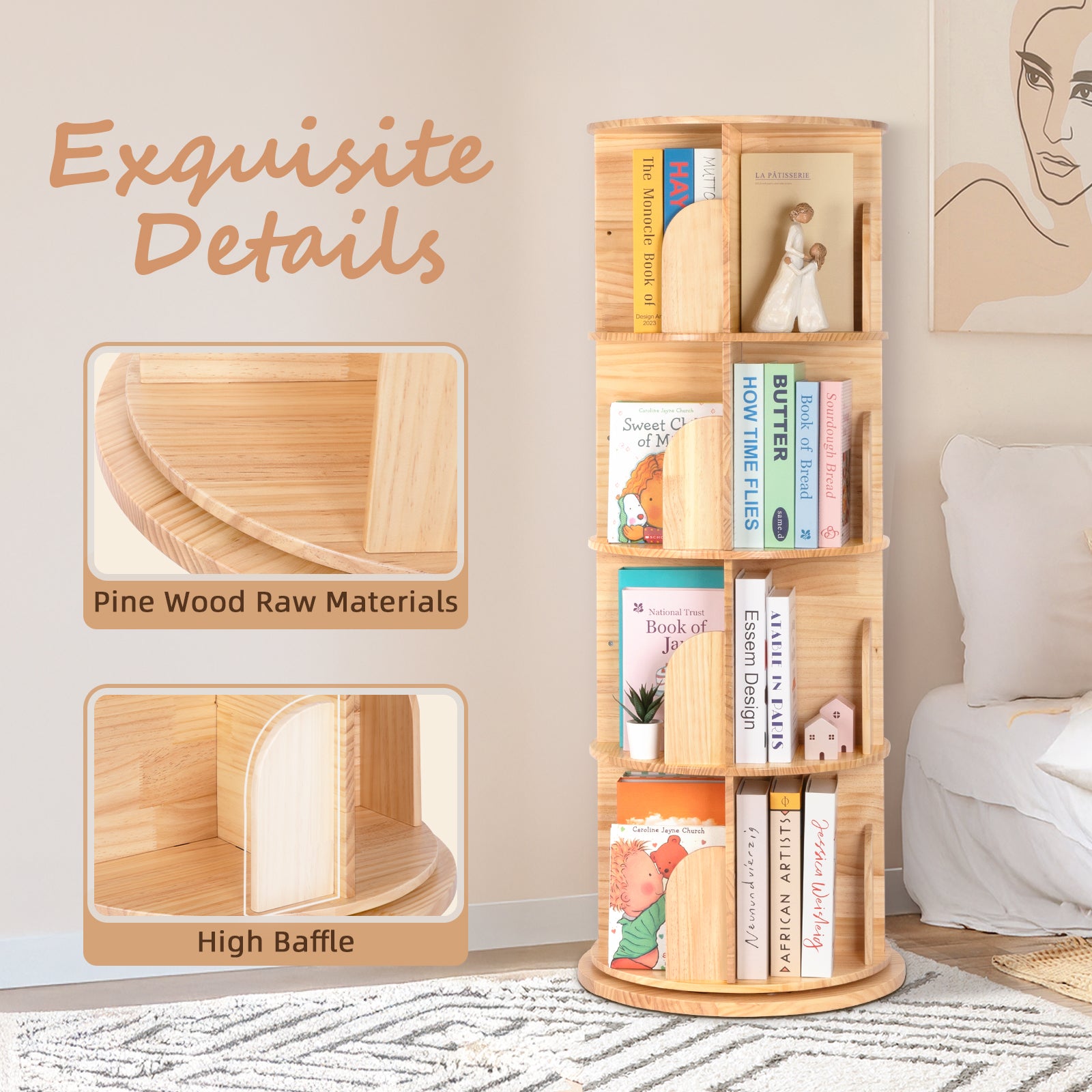 Solid Wood Rotating Bookshelf for Kids
