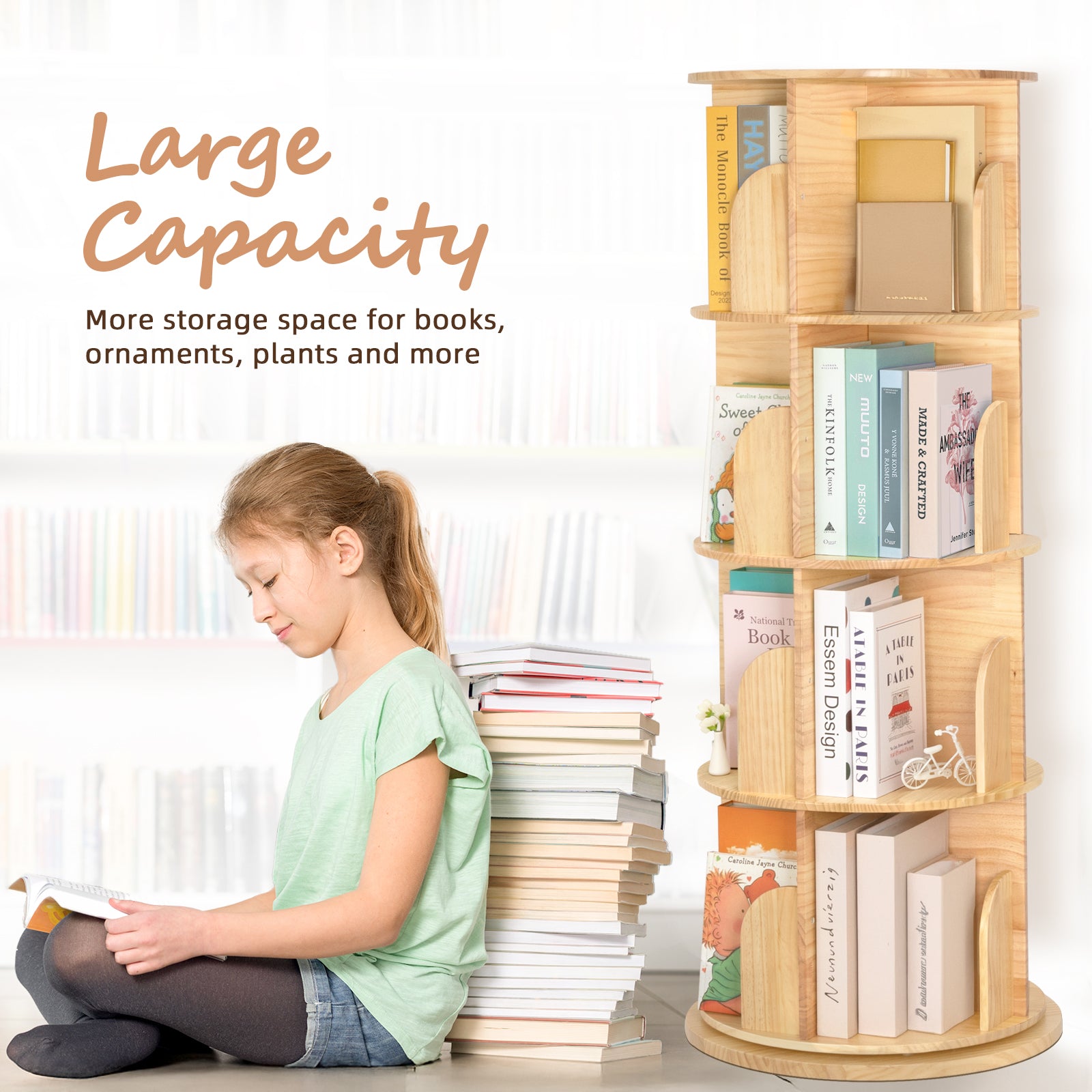 Solid Wood Rotating Bookshelf for Kids