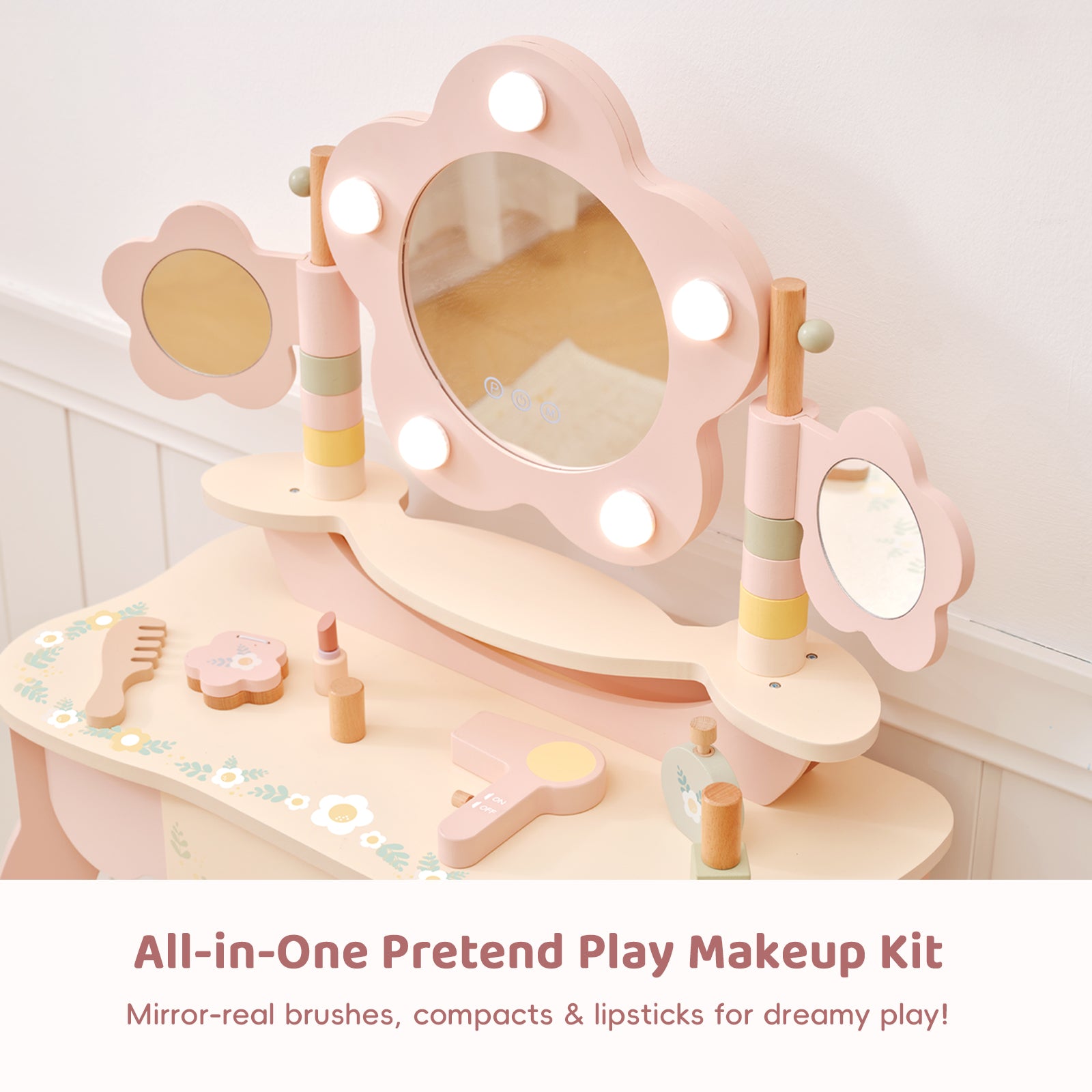 OOOK Kids Vanity Table and Chair Set with Lights, Makeup Vanities