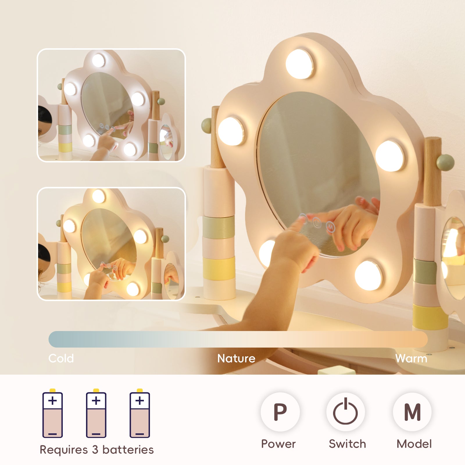 OOOK Kids Vanity Table and Chair Set with Lights, Makeup Vanities