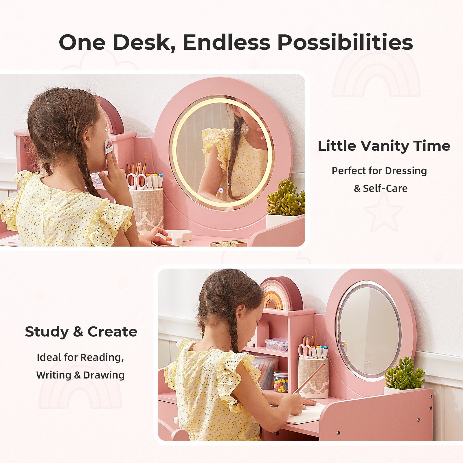 OOOK Kids Vanity with Lighted Mirror, PinkToddler Makeup Vanity Table and Chair Set